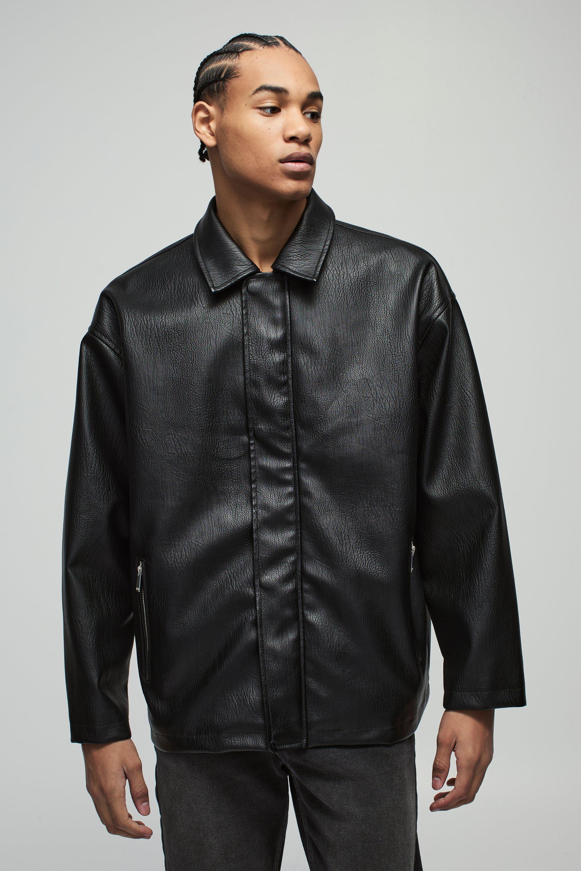 Mens Black Oversized Zip Through PU Collared Car Coat, Black