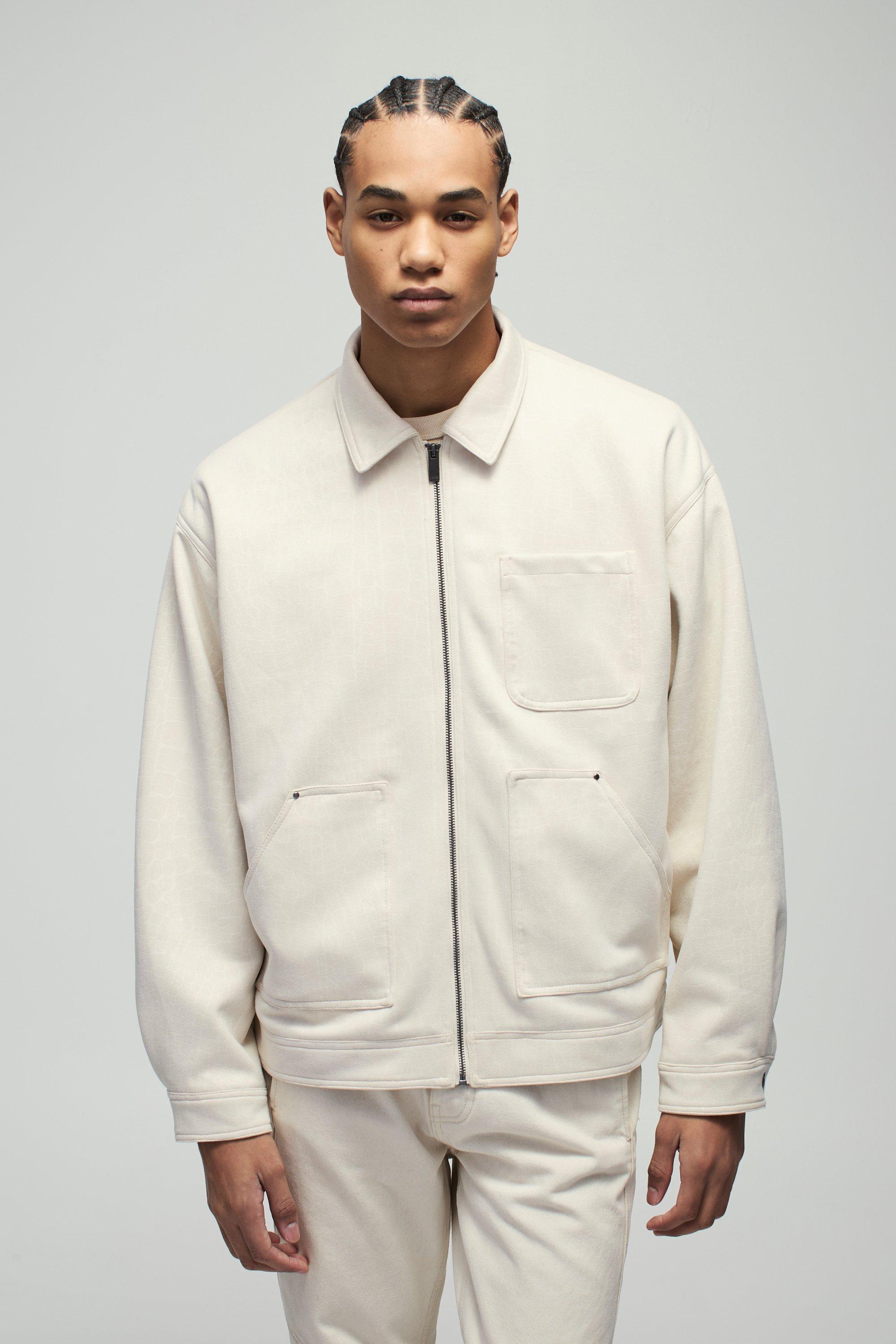 Mens Cream Oversized Croc Faux Suede Collared Carpenter Worker Jacket, Cream