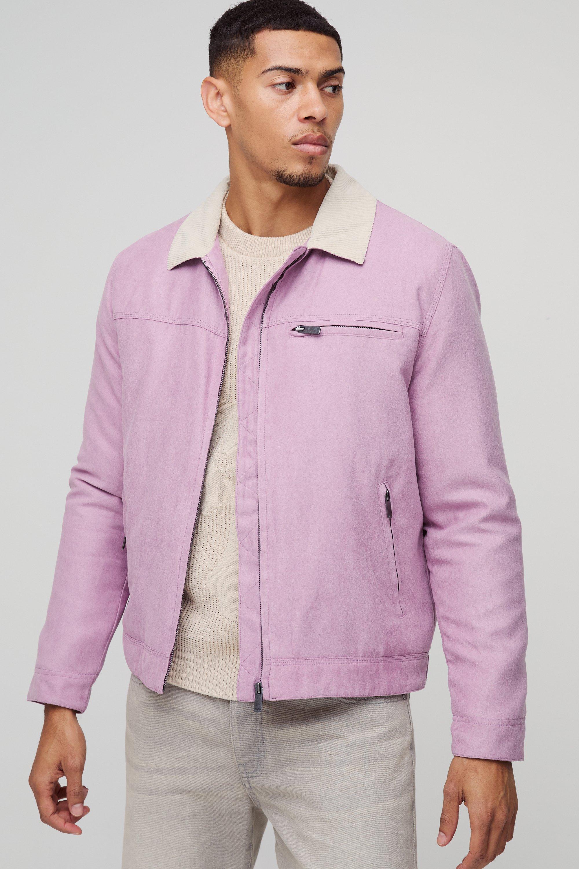 Mens Purple Regular Fit Twill Contrast Collar Worker Jacket, Purple