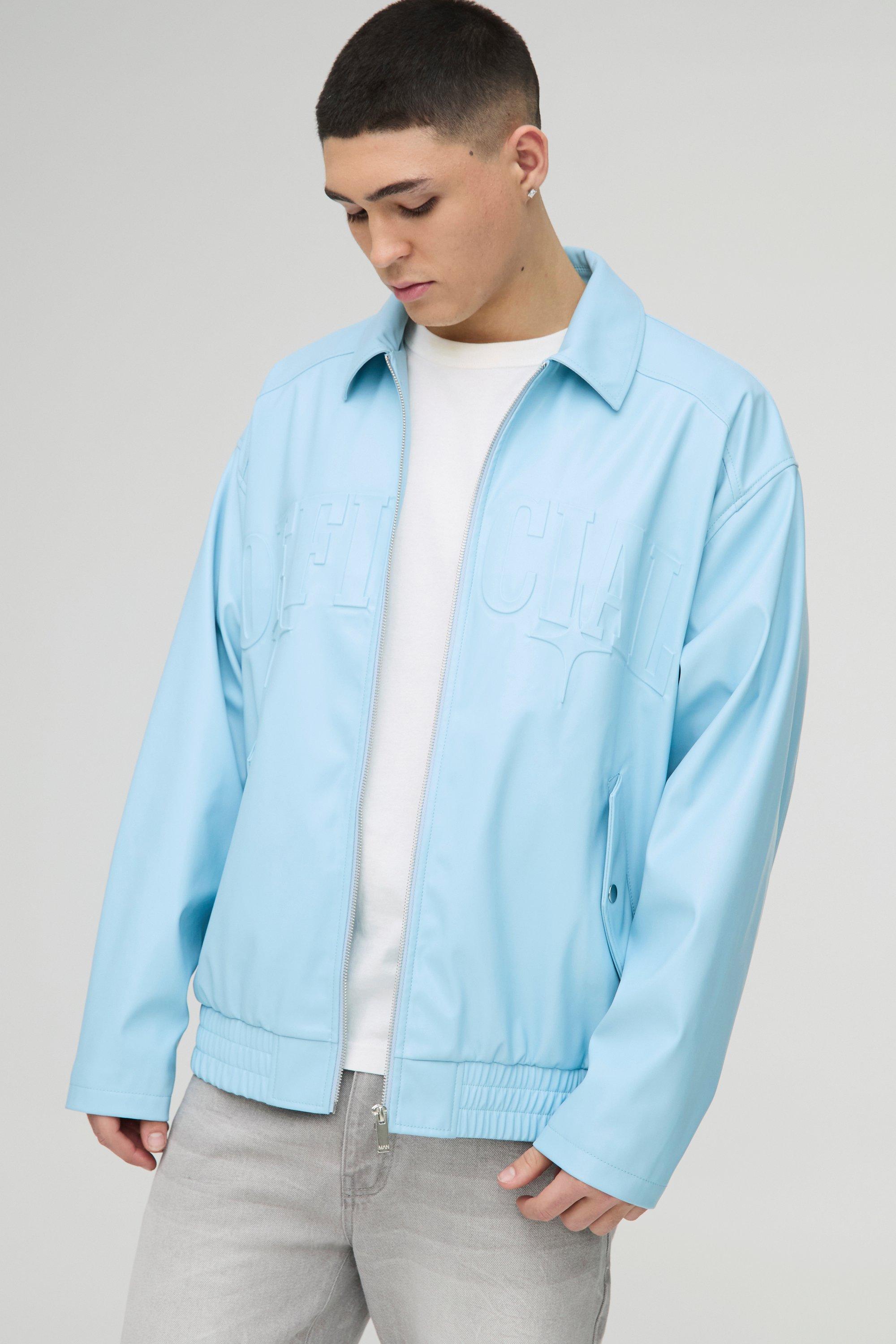 Mens Blue Official Oversized PU Embossed Collard Bomber Jacket, Blue