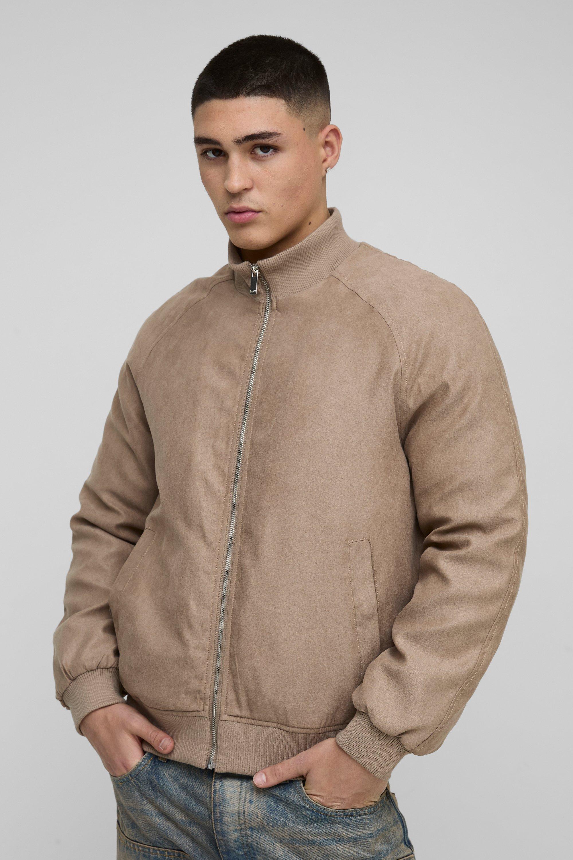 Image of Giacca Bomber Regular Fit in scamosciato sintetico con collo a imbuto e maniche raglan, Beige