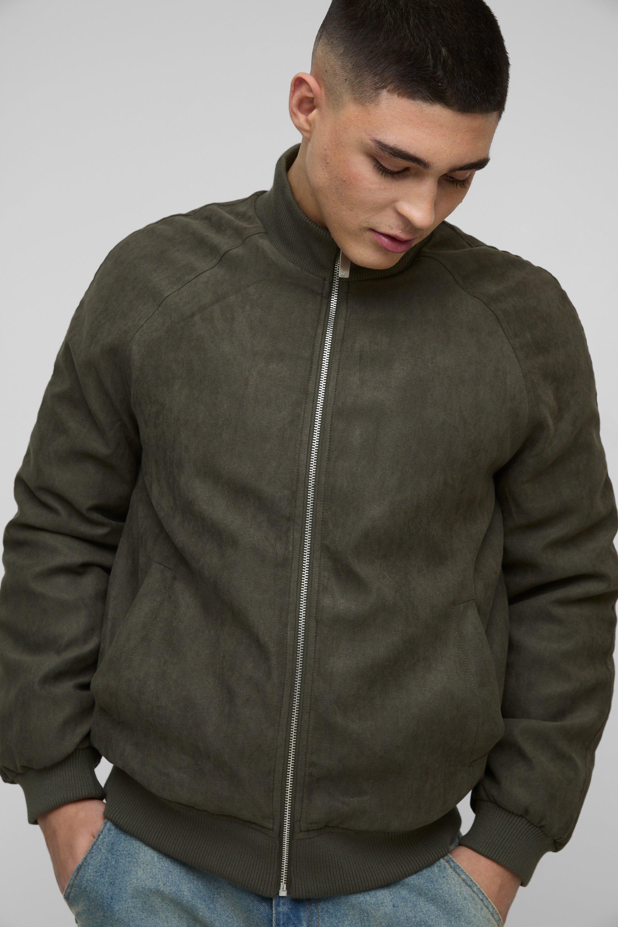 Image of Giacca Bomber Regular Fit in scamosciato sintetico con collo a imbuto e maniche raglan, Verde