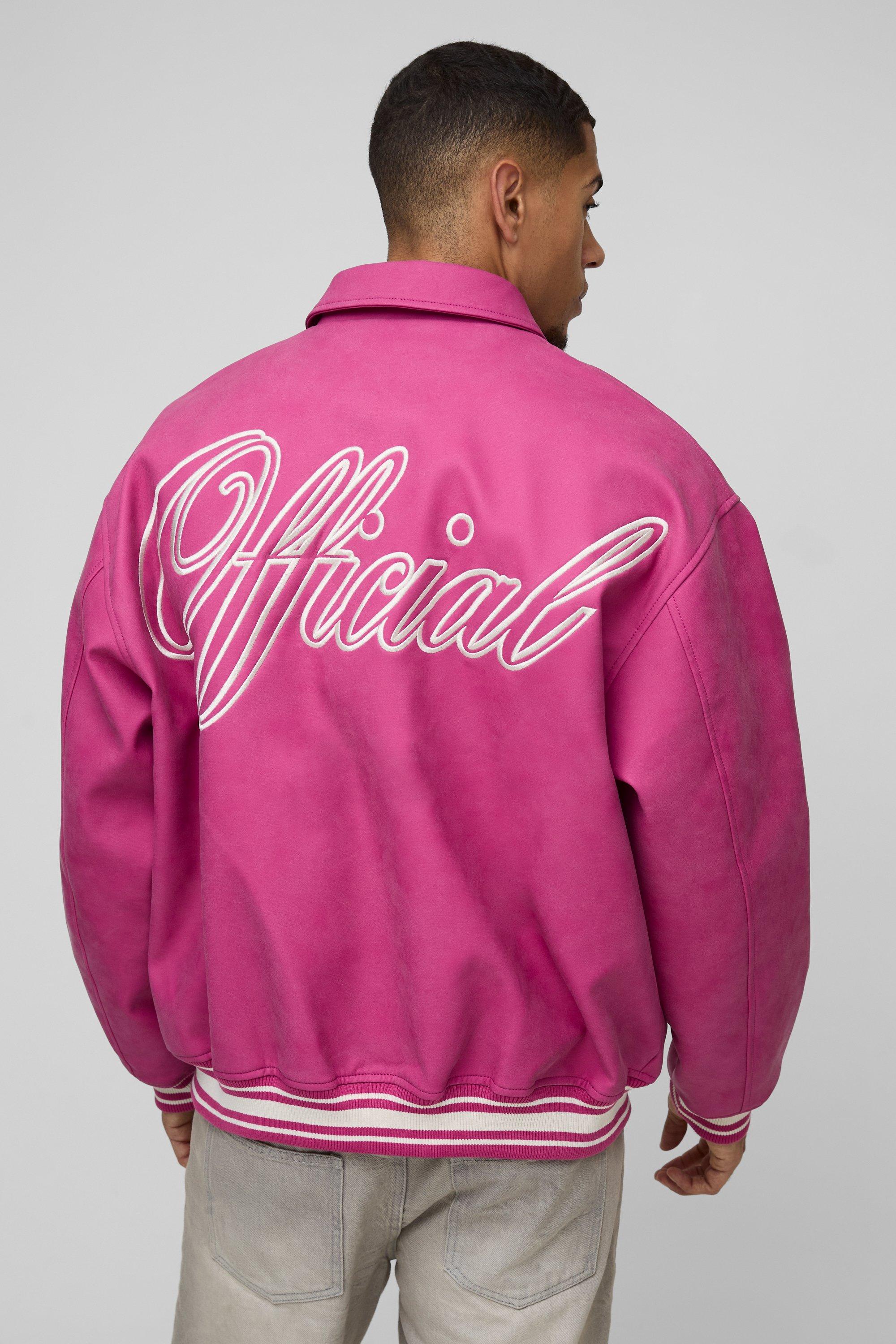 Mens Pink Official Oversized Double Collared Varsity Jacket, Pink