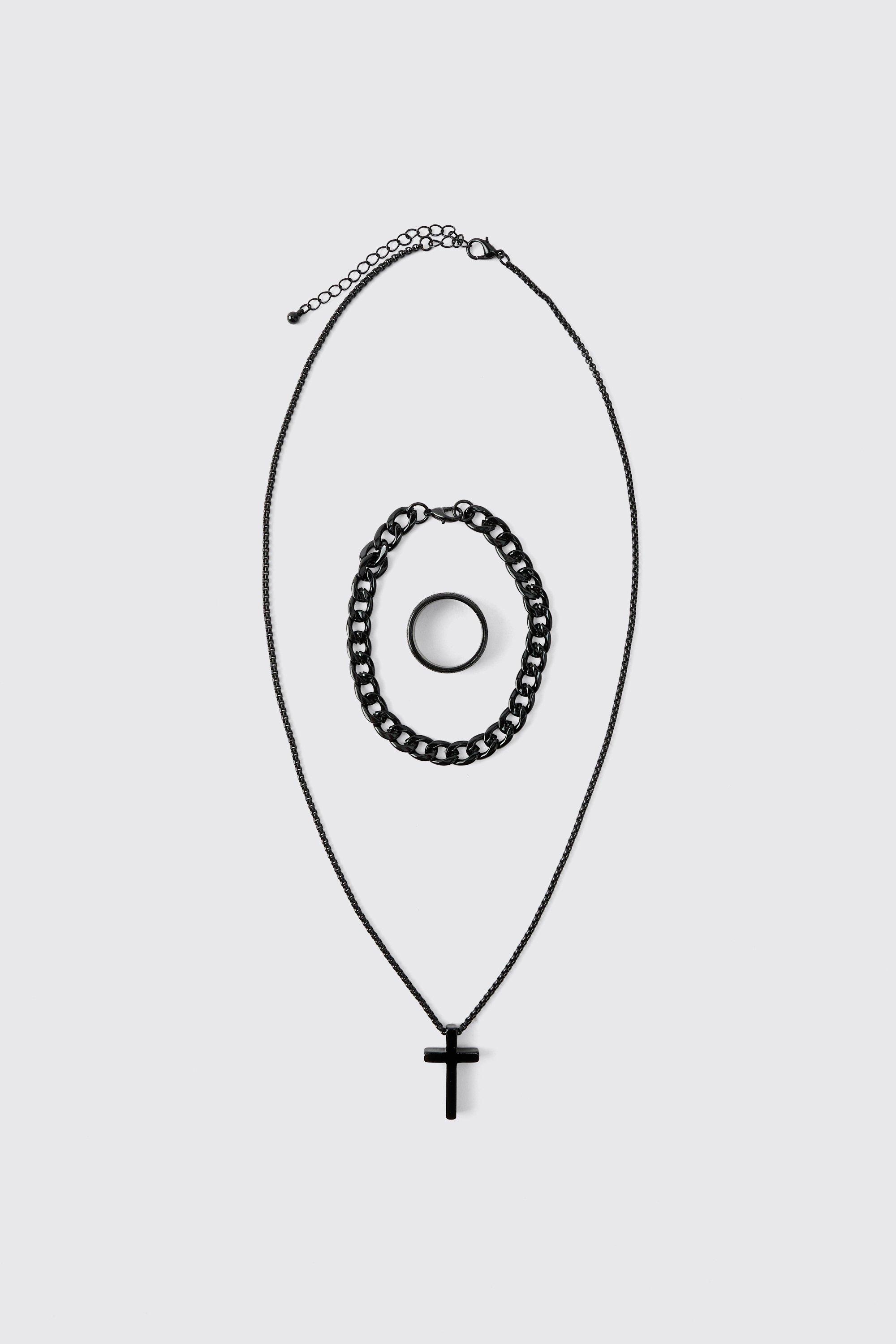 Mens Cross Necklace, Ring And Bracelet Set In Black, Black