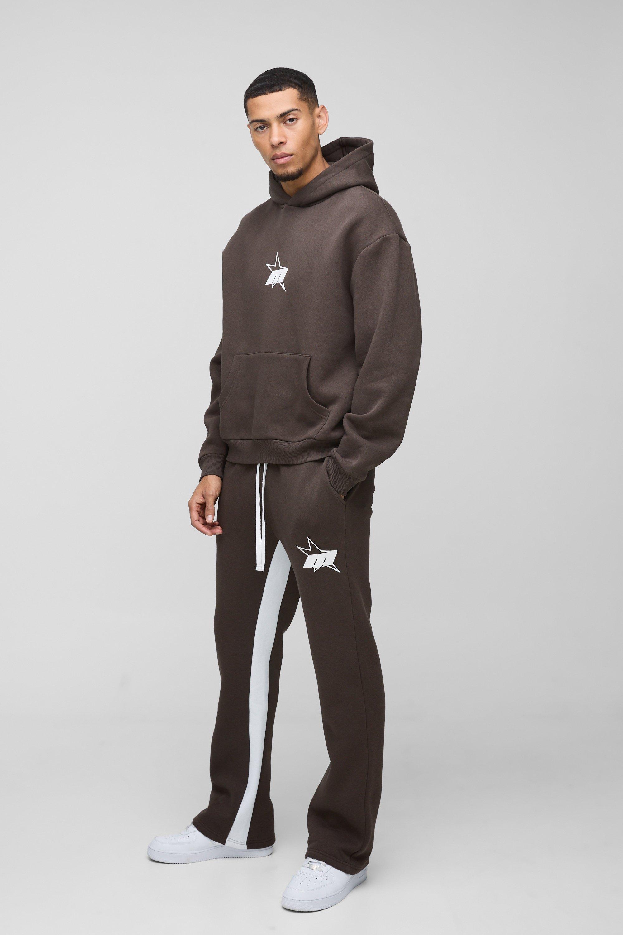 Mens Brown Oversized Boxy M Star Extended Drawcord Hooded Tracksuit, Brown
