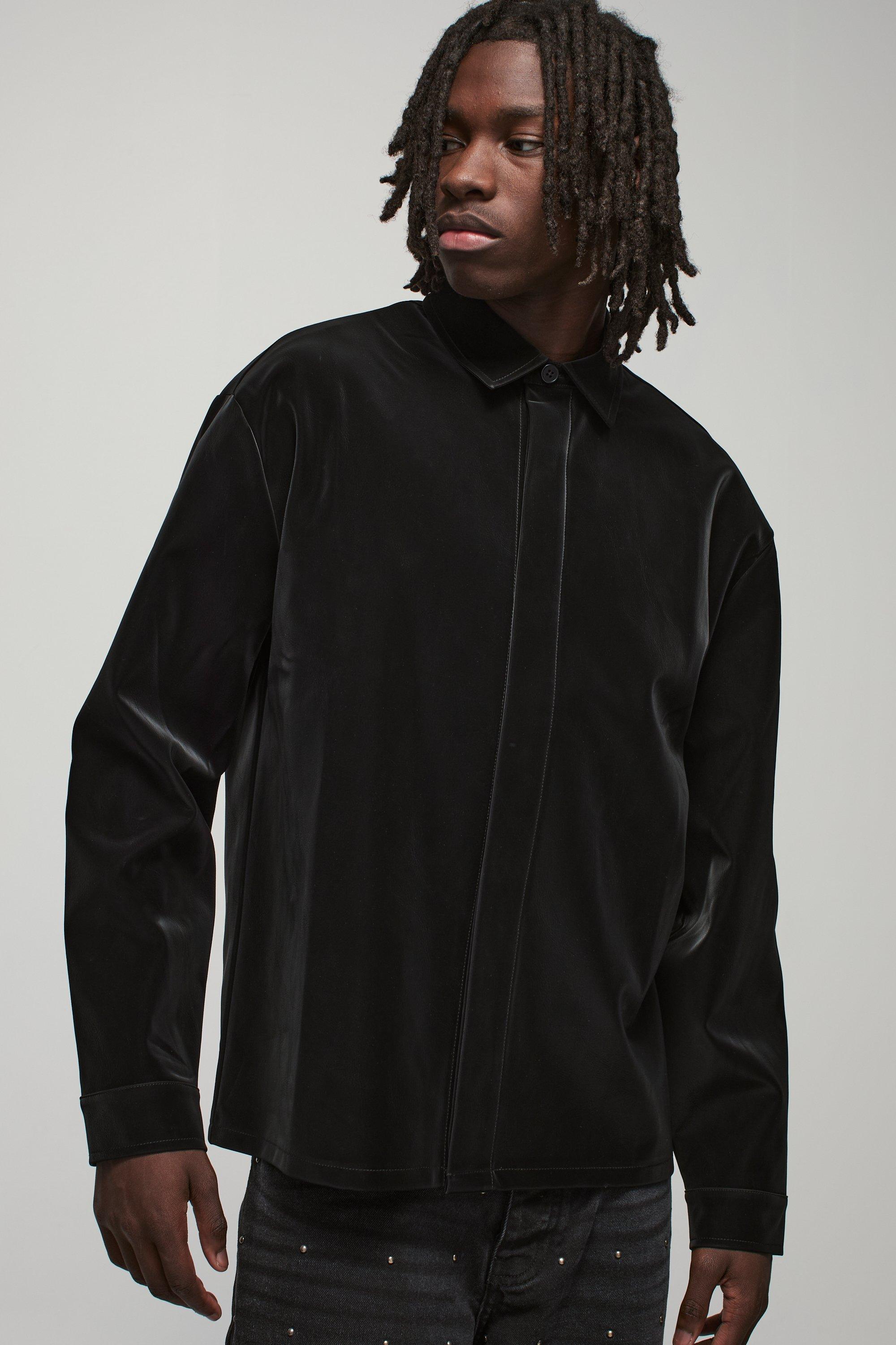 Camicia oversize in PU liquido effetto opaco con falsatura e colletto, Nero