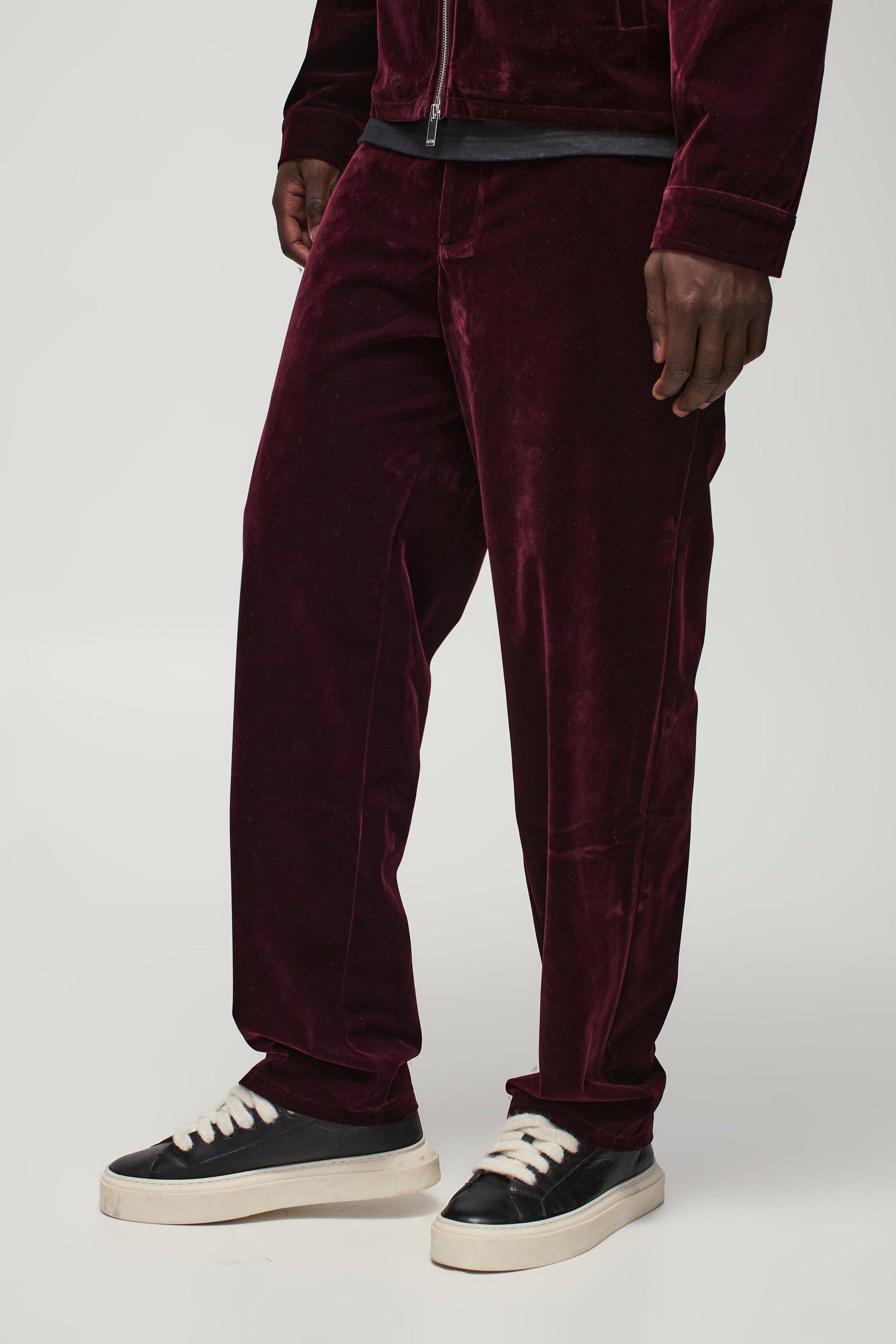 Mens Red Straight Leg Half Fixed Waistband Velour Trousers, Red