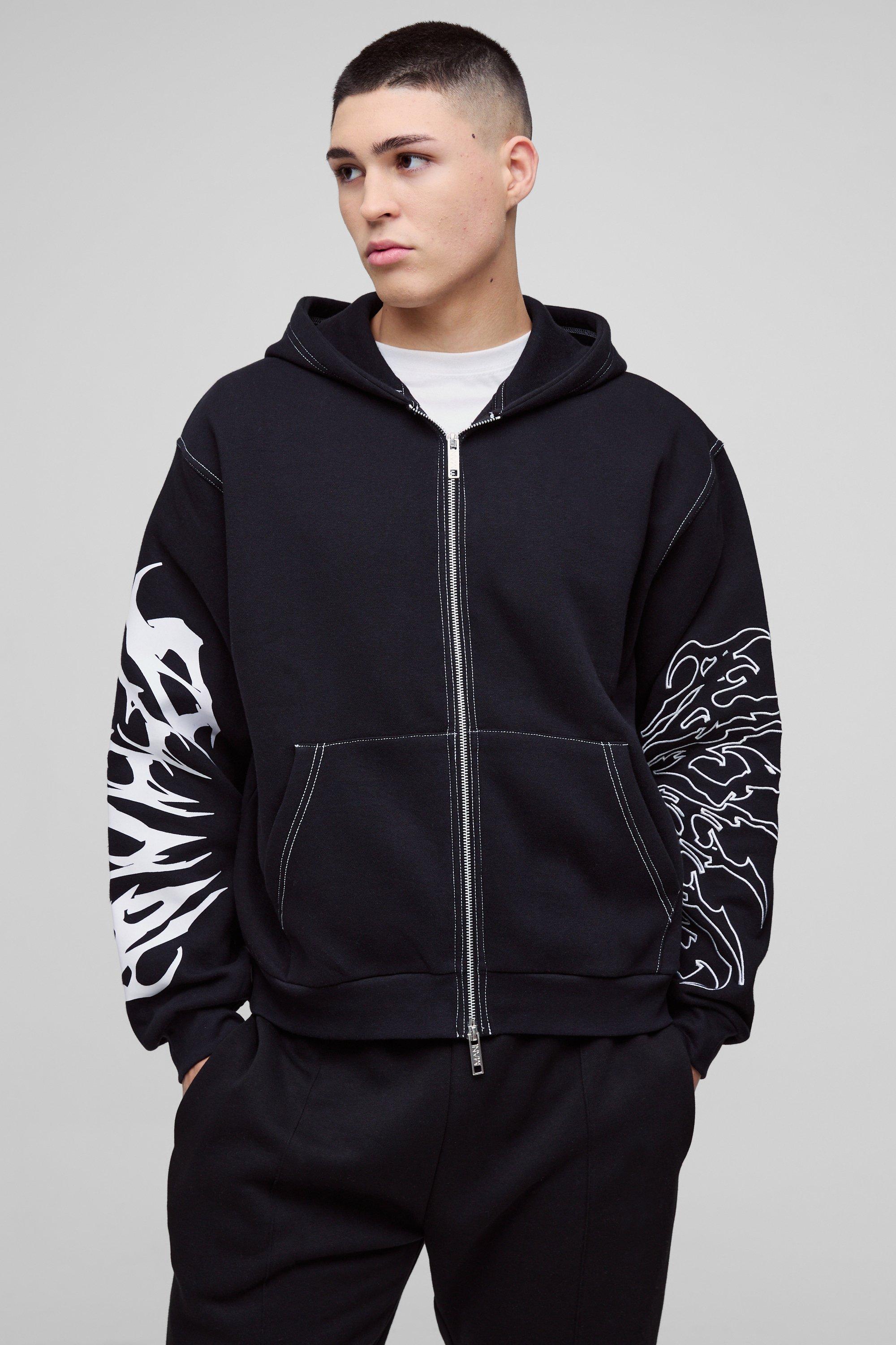 Mens Black Oversized Boxy Embroidered Hoodie, Black