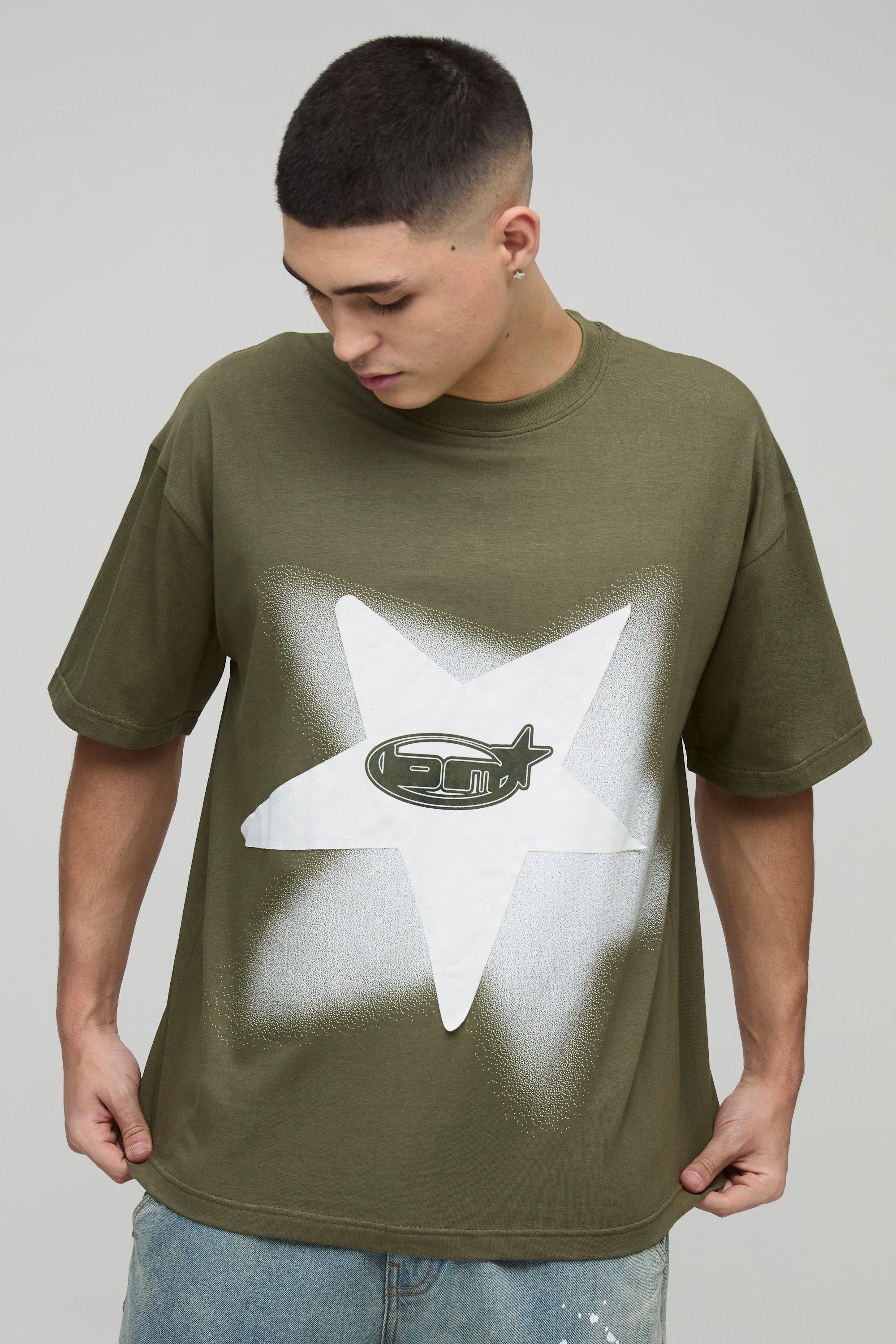 T-shirt oversize con grafica di stelle, girocollo esteso e applique, Verde