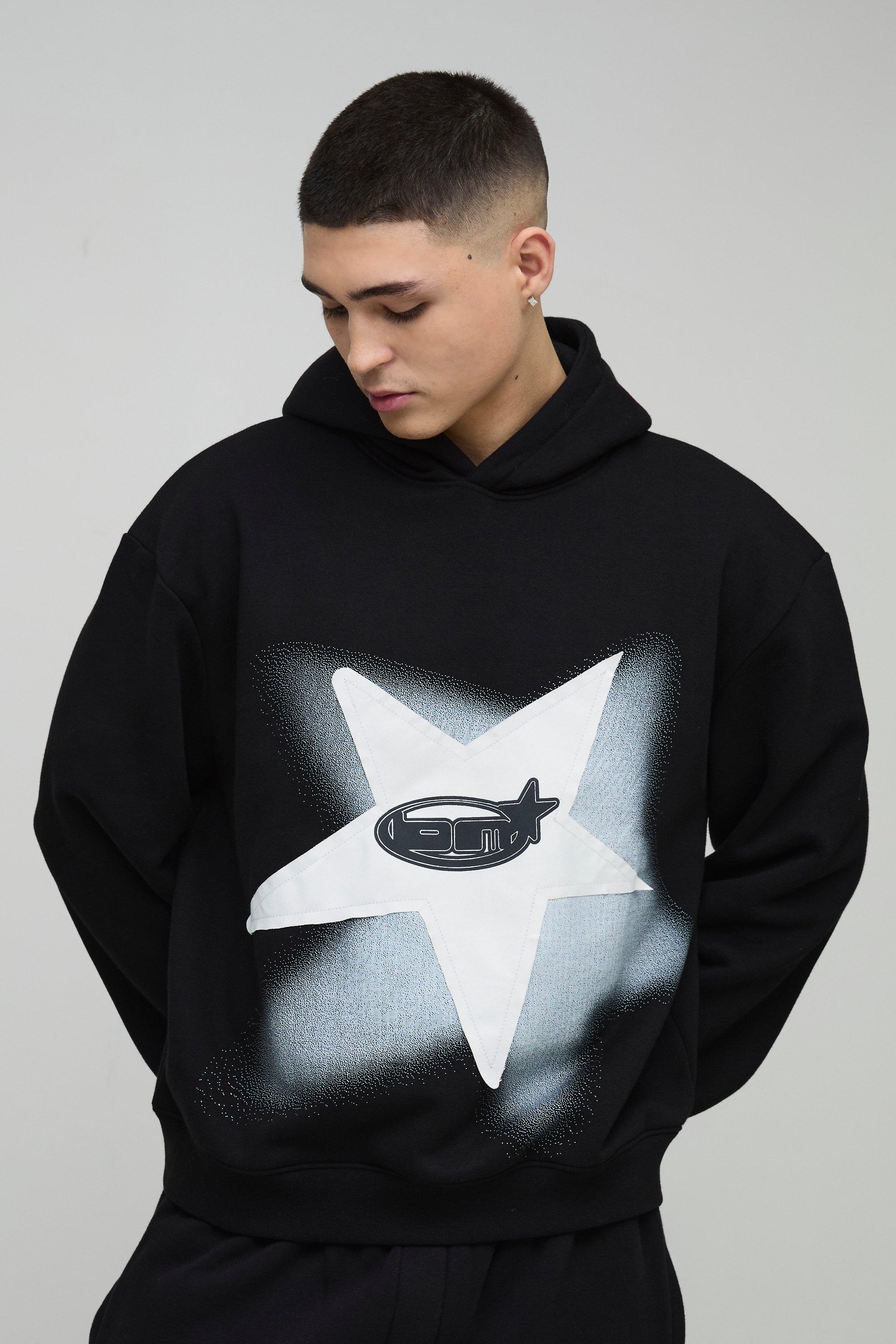 Felpa squadrata oversize con applique, grafica a stella e cappuccio, Nero