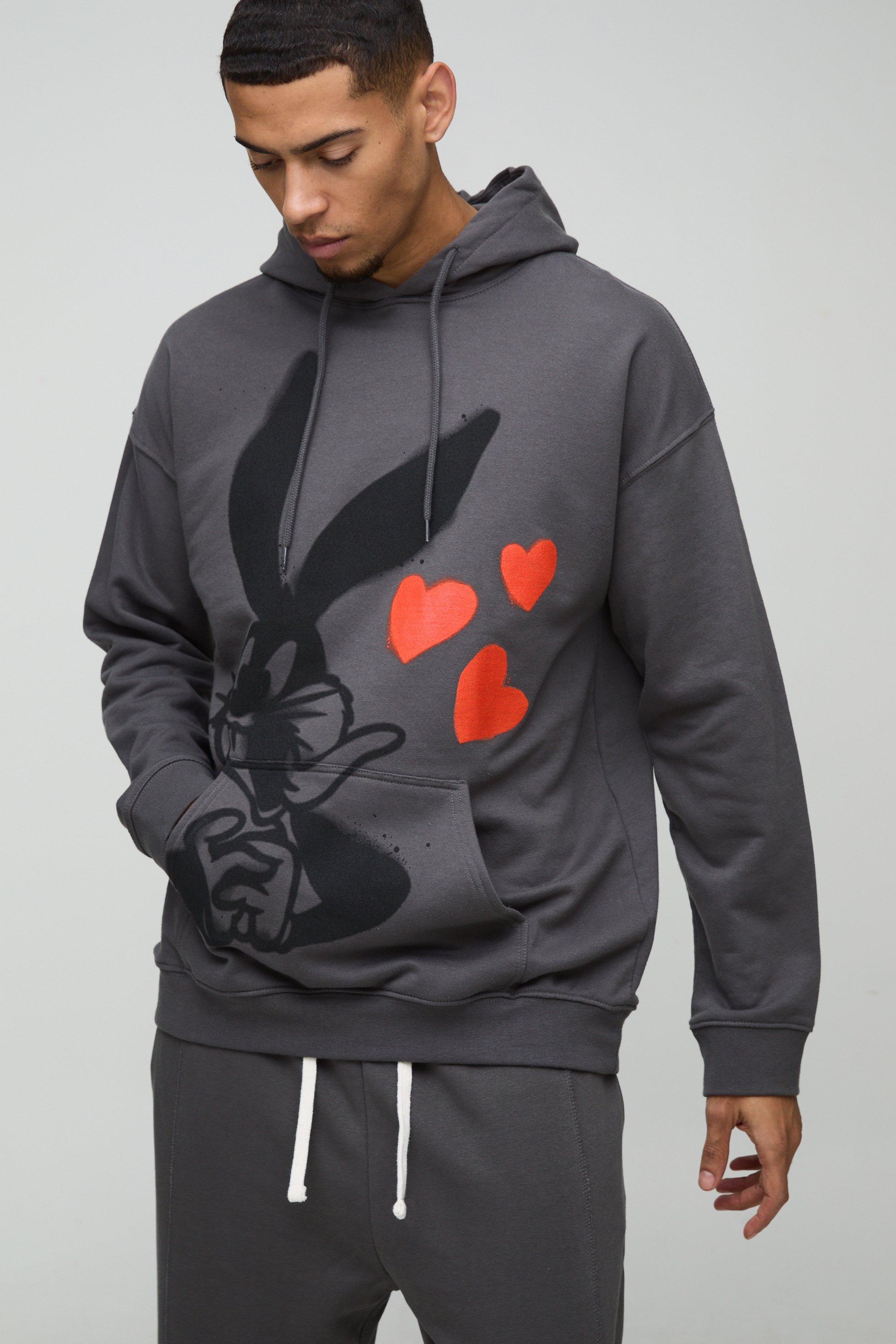 Mens Grey Oversized Bugs Bunny License Print Hoodie, Grey