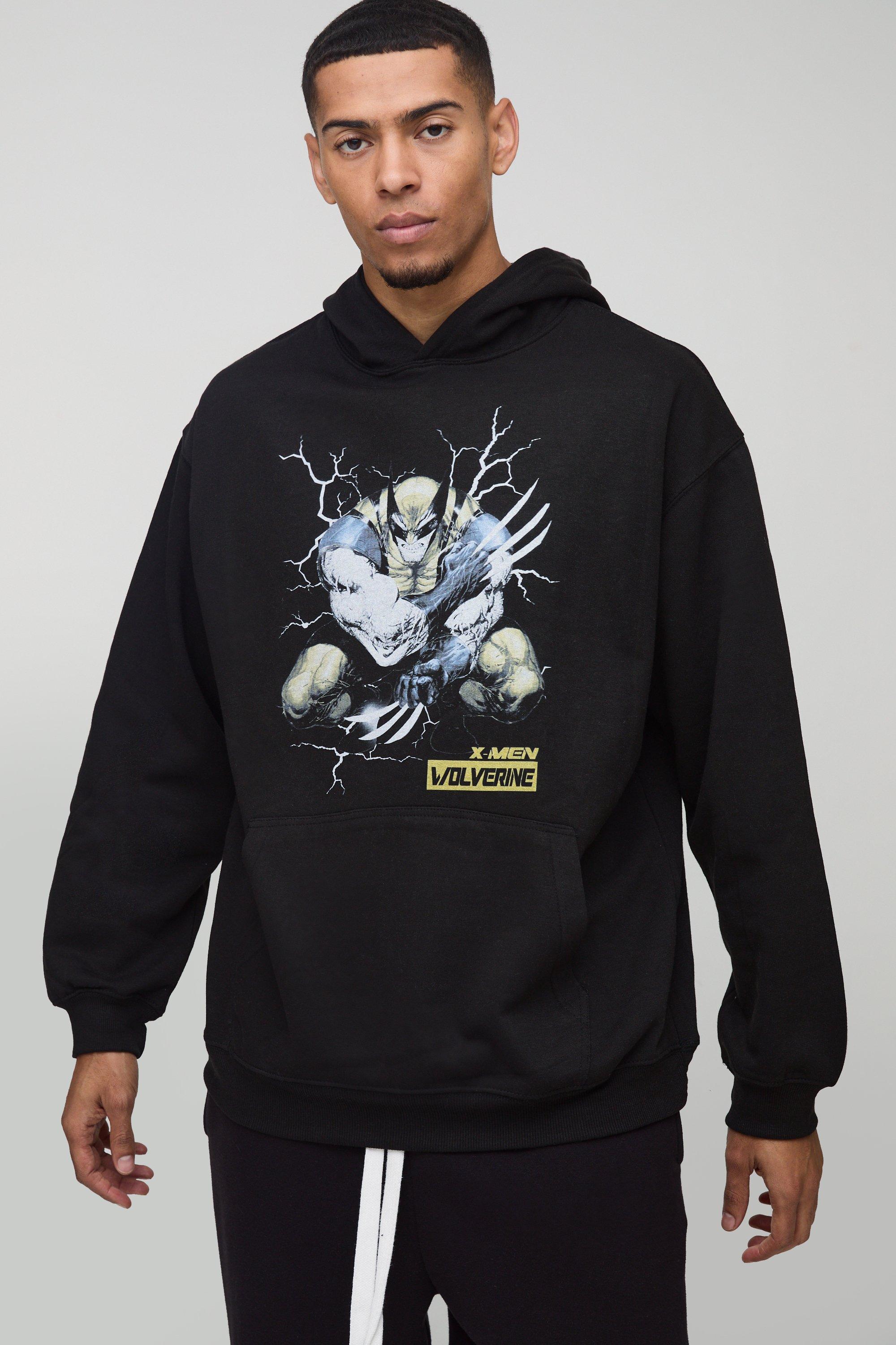 Mens Black Oversized Wolverine License Print Hoodie, Black