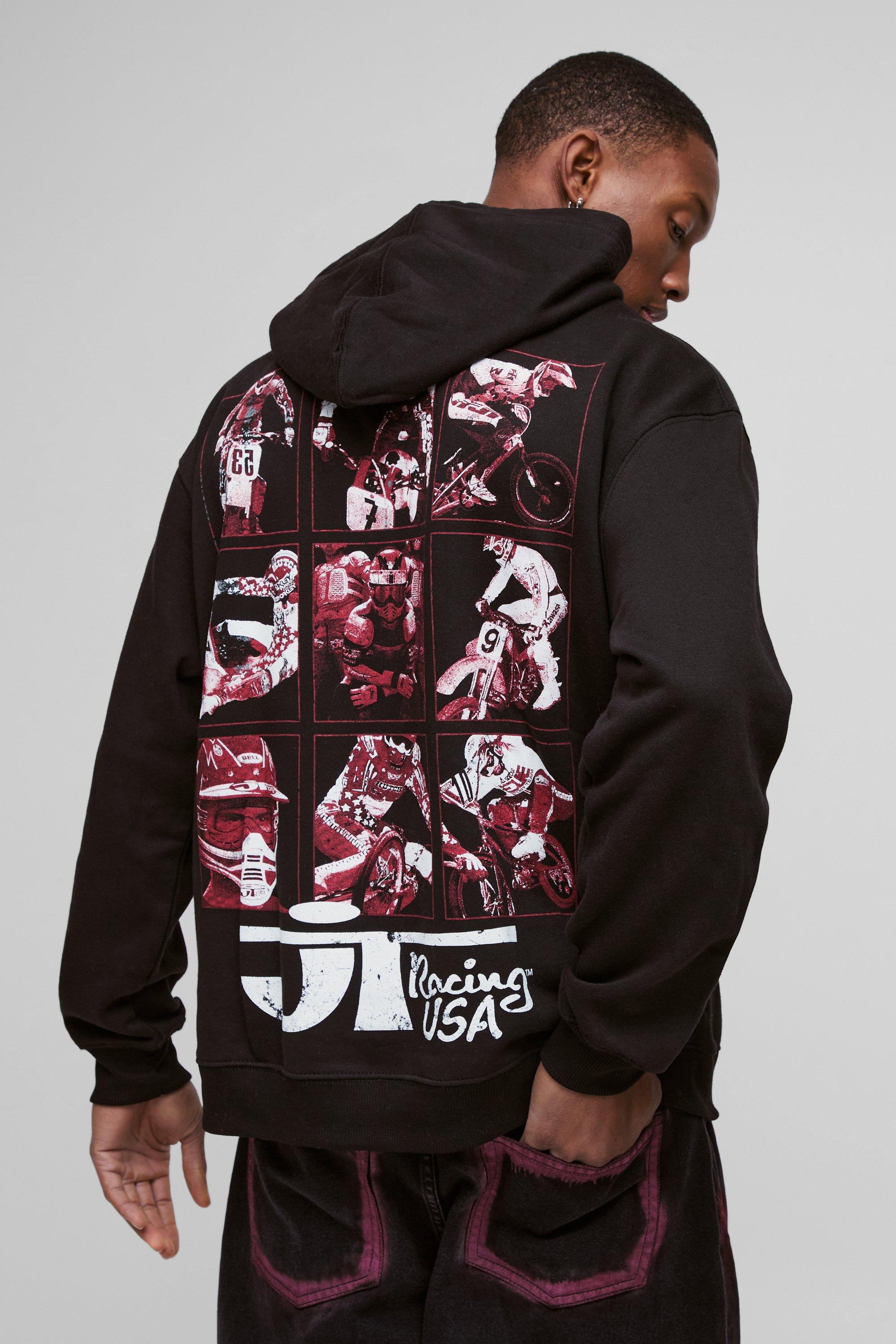 Mens Black Oversized JT Racing License Print Hoodie, Black