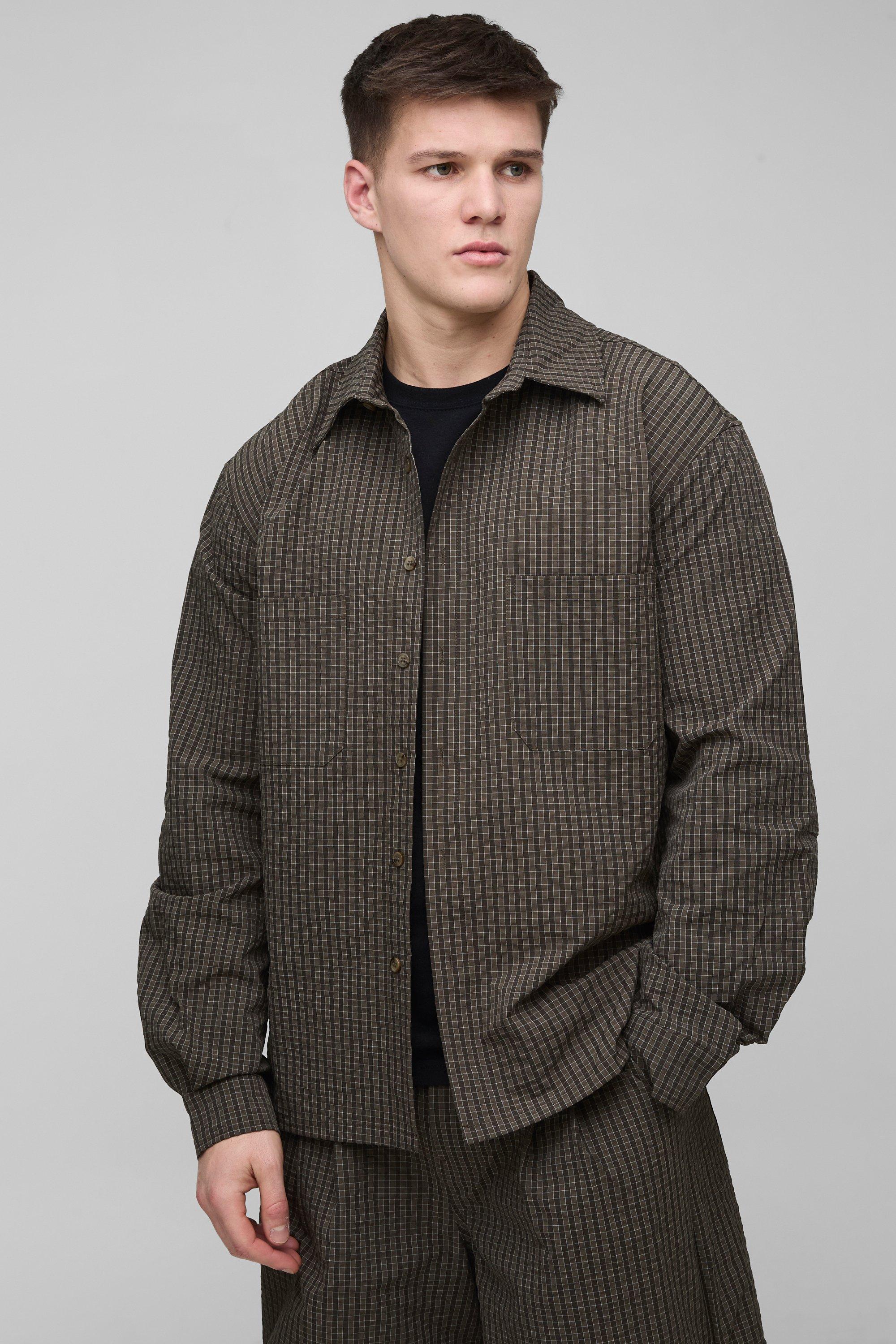 Camicia Tall oversize in nylon ripstop a quadri con pieghe sul ginocchio, Grigio
