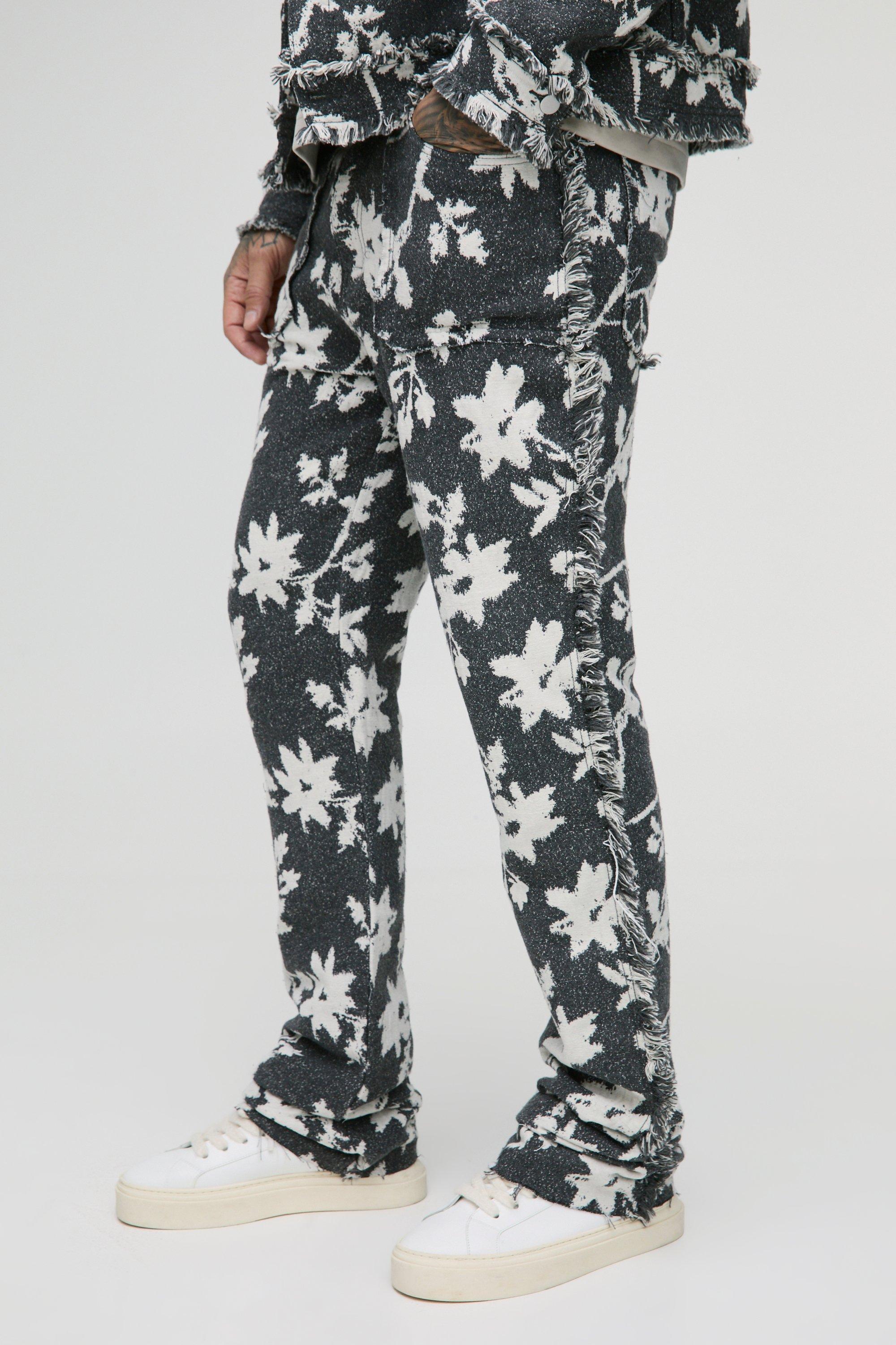 Mens Grey Tall Floral Tapestry Stacked Flared Trousers, Grey