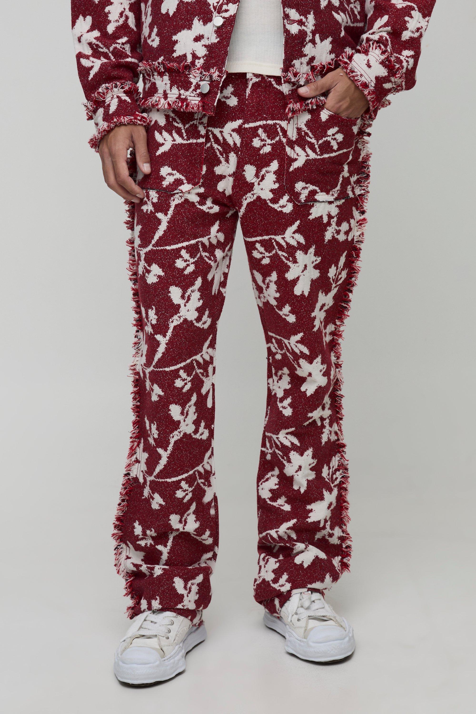Image of Pantaloni a zampa Tall con motivi stile arazzo a fiori e pieghe sul fondo, Rosso