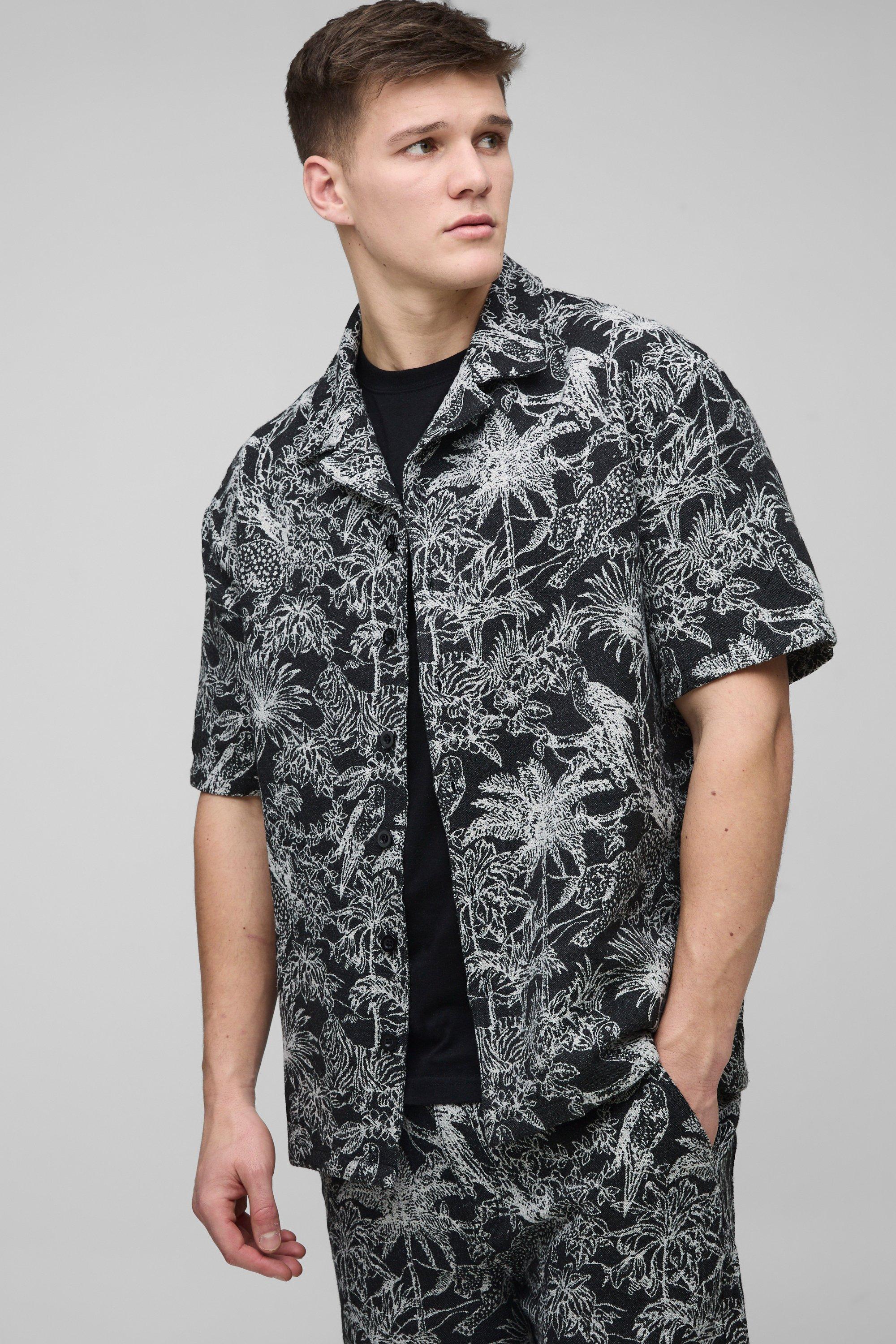 Camicia Tall Stile Arazzo Tropicale Con Rever, Nero
