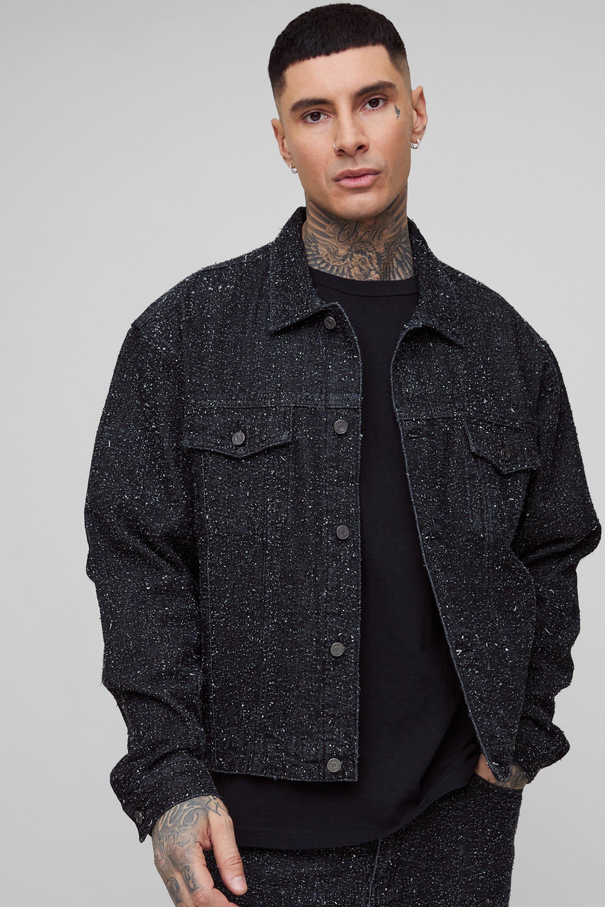 Mens Black Tall Textured Denim Boxy Oversized Jacket, Black