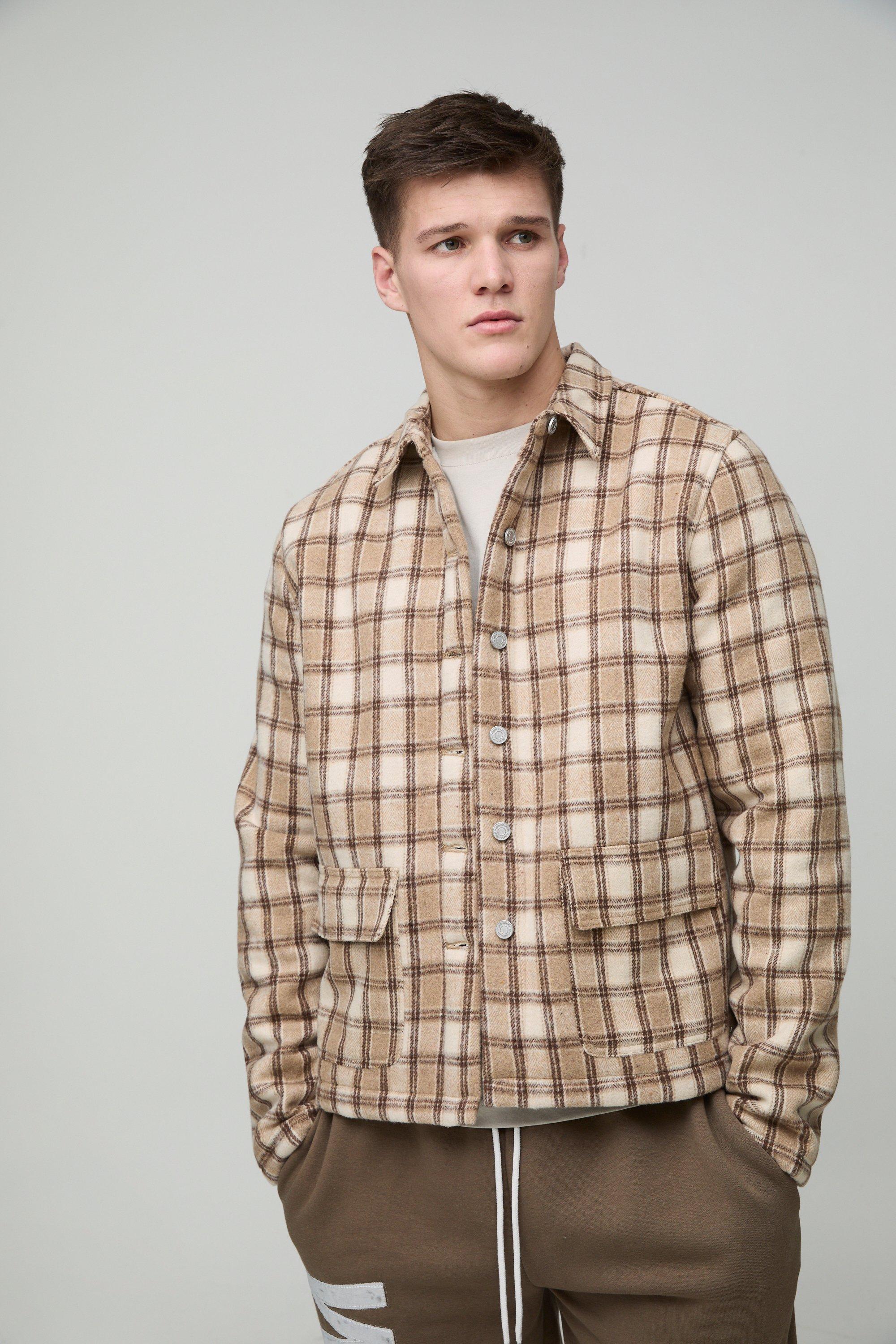 Shacket Tall spazzolata foderata in pile borg a quadri, Beige