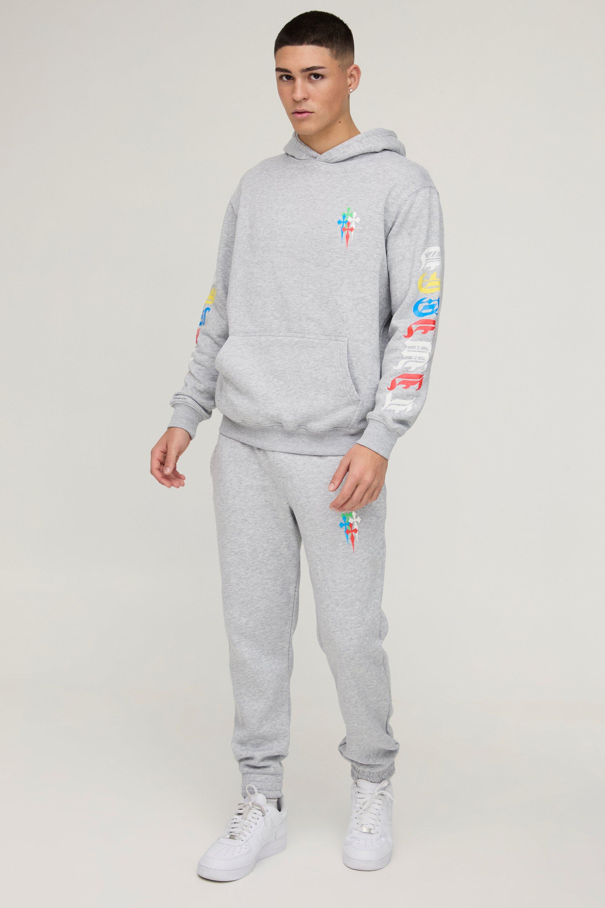 Mens Grey Regular Fit Cross Printed Hooded Tracksuit, Grey