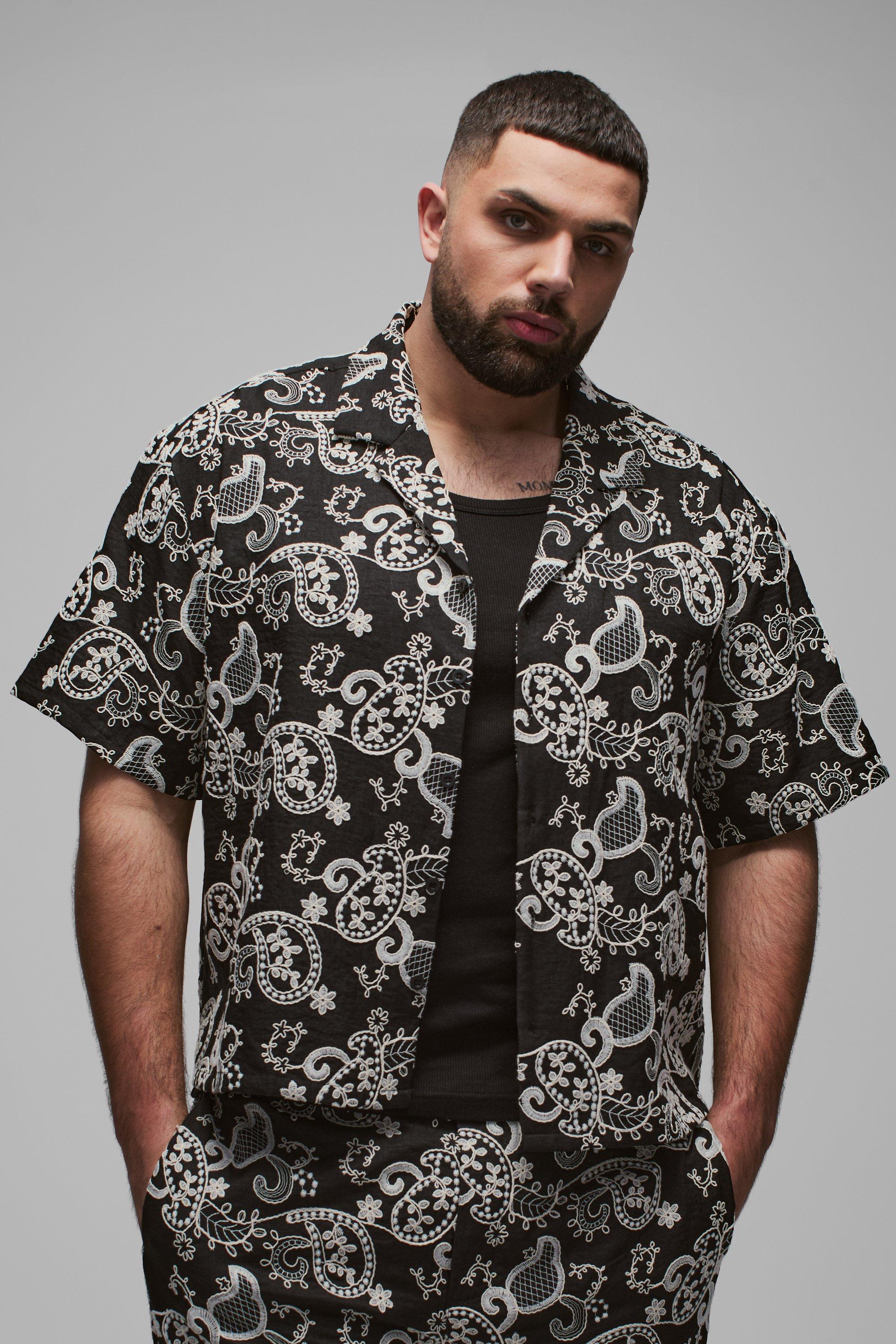 Camicia Plus Size Oversize In Fantasia Cachemire Con Ricami, Nero