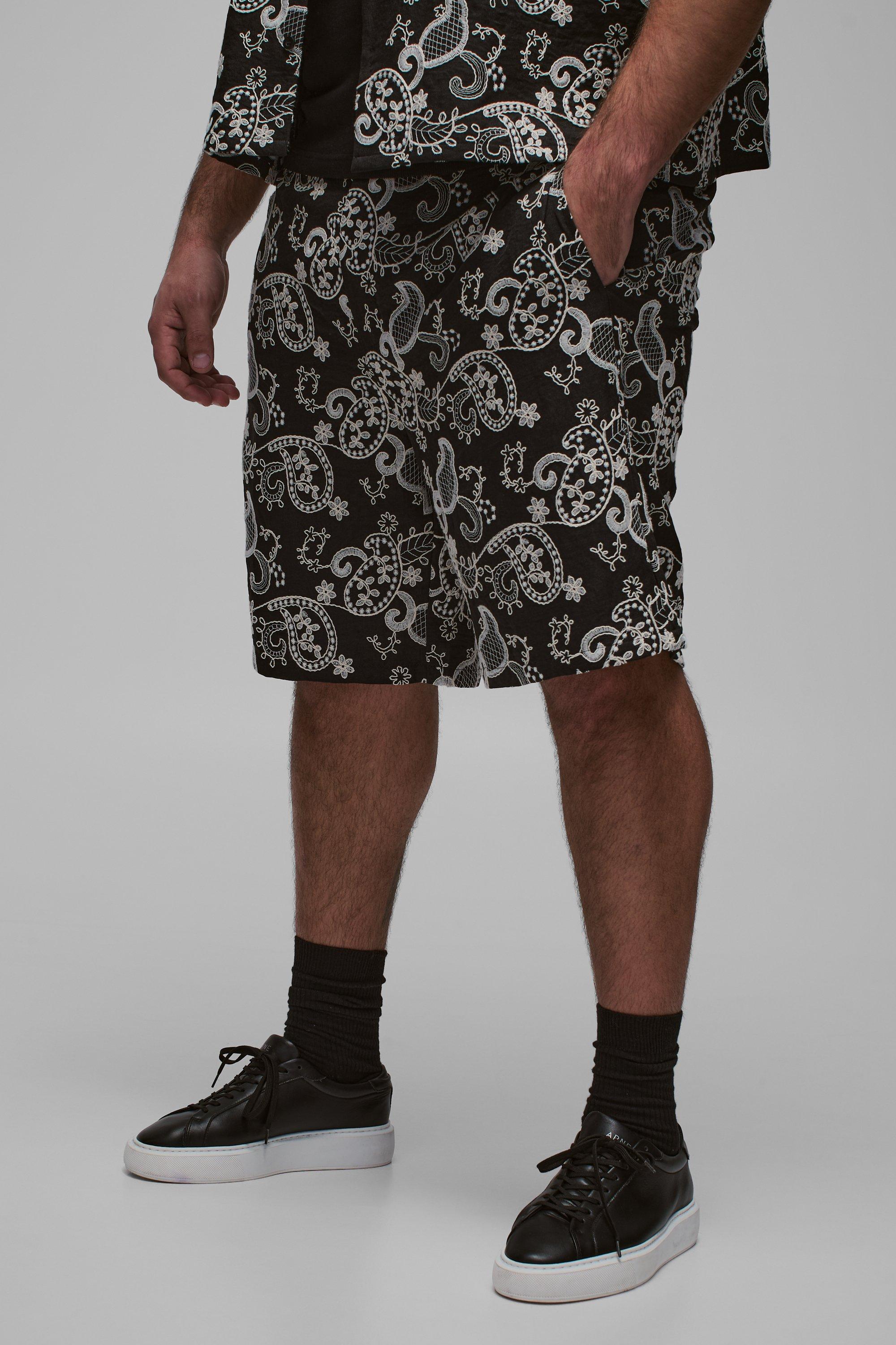 Pantaloncini Plus Size In Fantasia Cachemire Con Ricami, Nero
