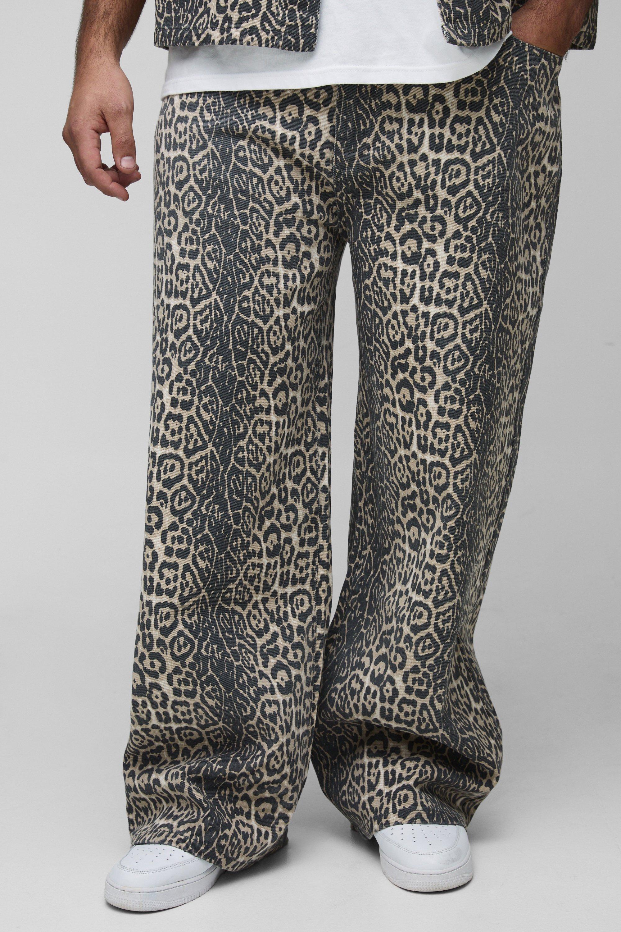 Jeans rilassati Plus Size slavati leopardati, Brown