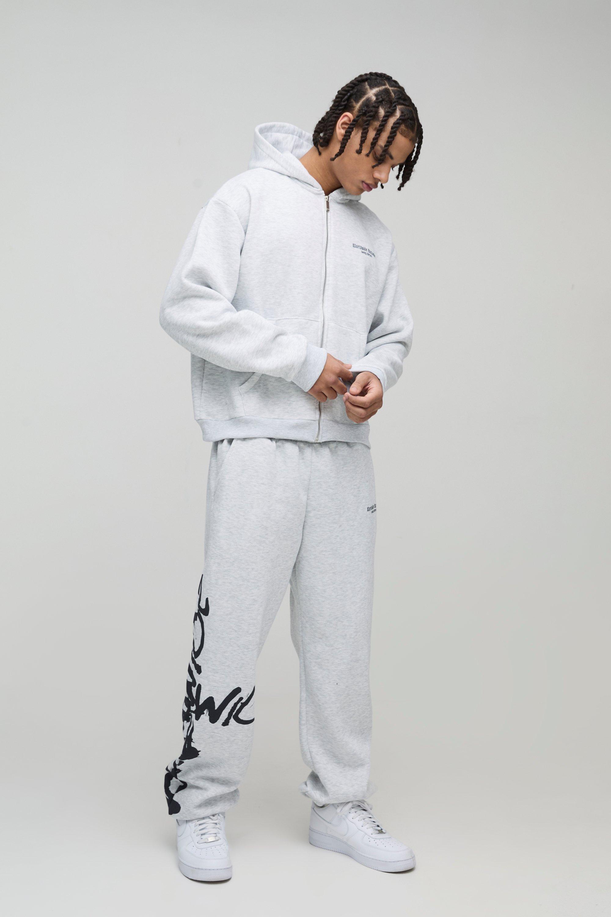 Tuta sportiva squadrata oversize con zip Worldwide e stampa stile Graffiti, Grigio