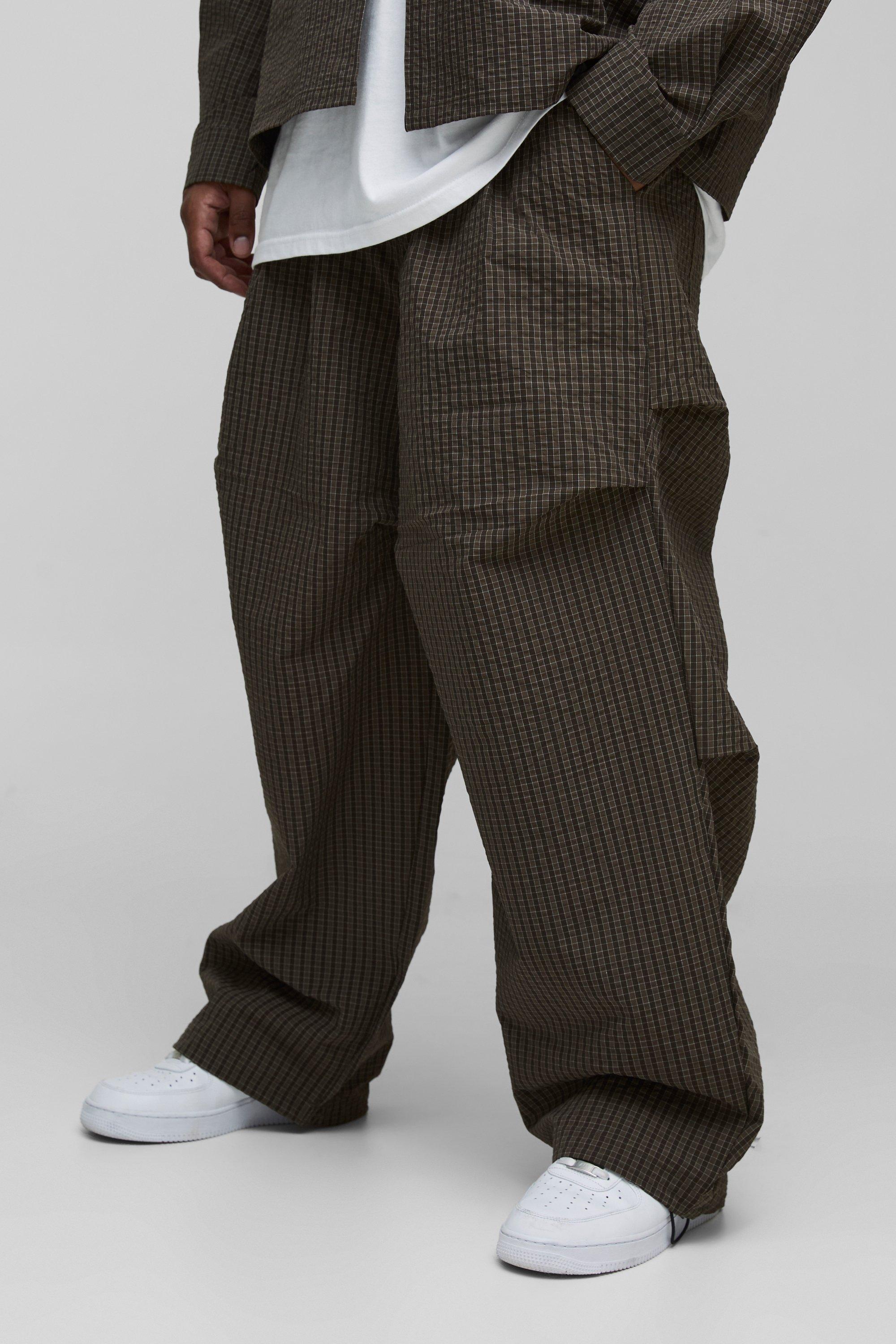 Mens Grey Plus Check Ripstop Pleat Knee Baggy Trousers, Grey