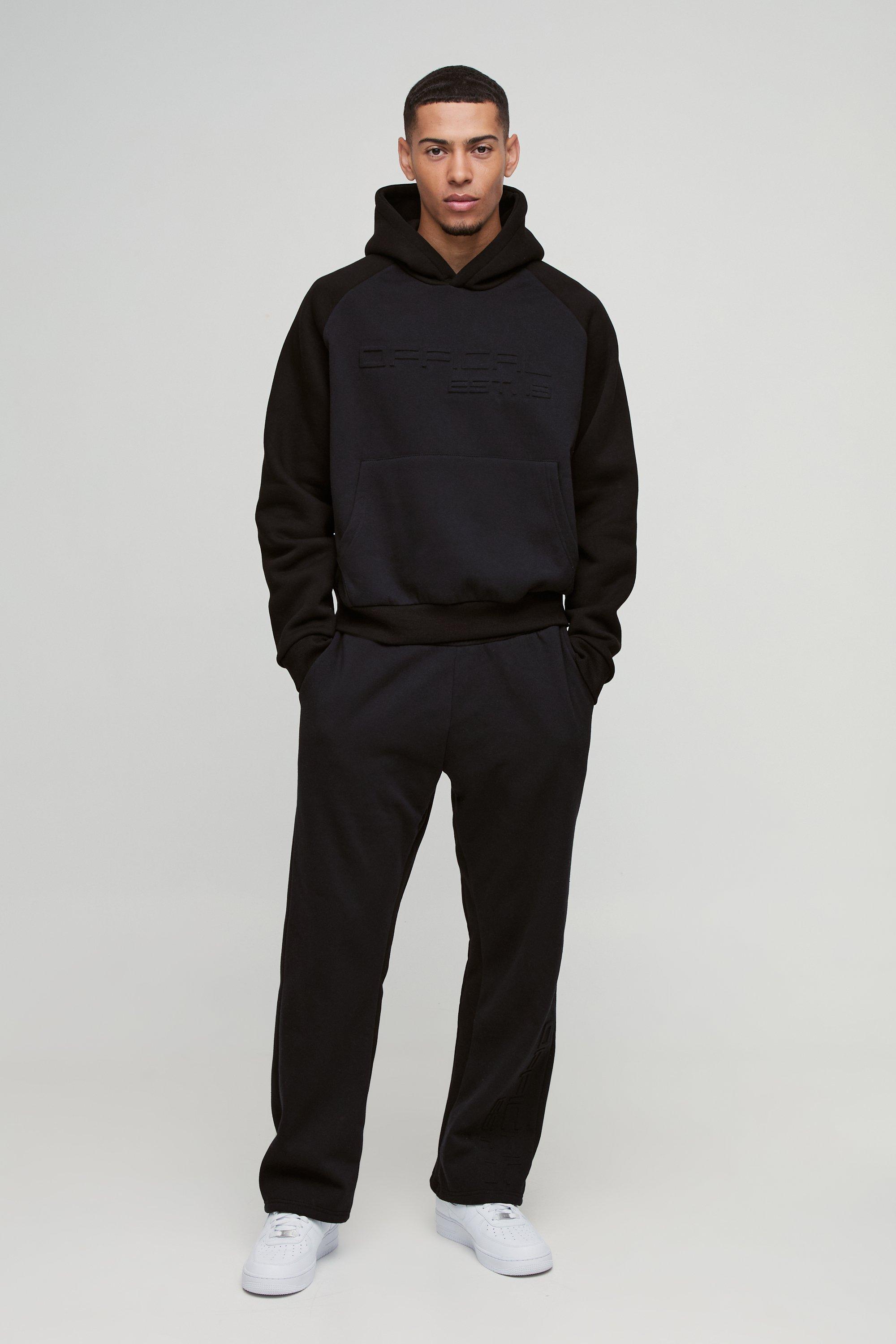Mens Black Oversized Boxy Official Embossed Colour Block Hooded Tracksuit, Black