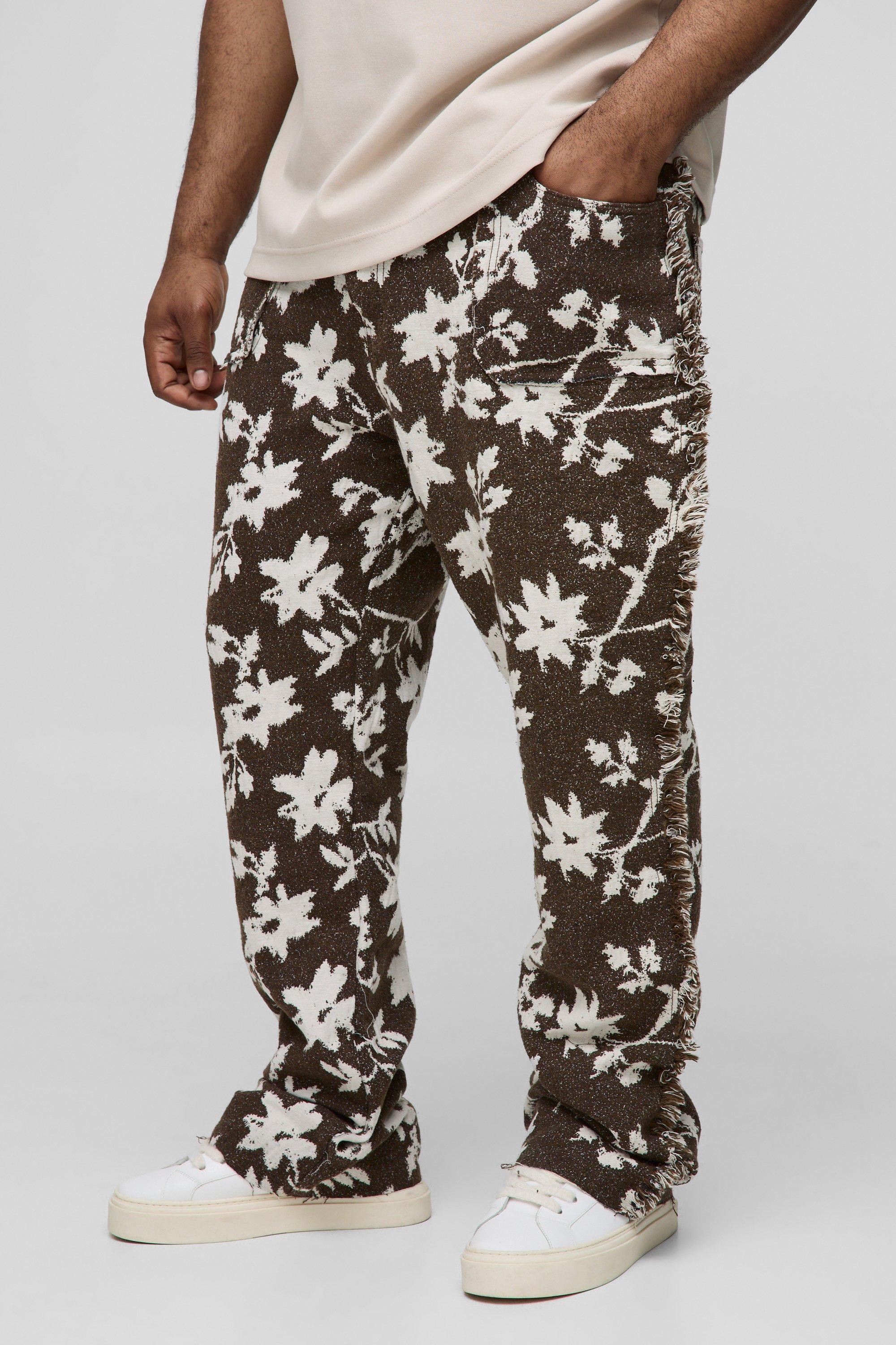 Pantaloni a zampa Plus Size con motivi stile arazzo a fiori e pieghe sul fondo, Brown