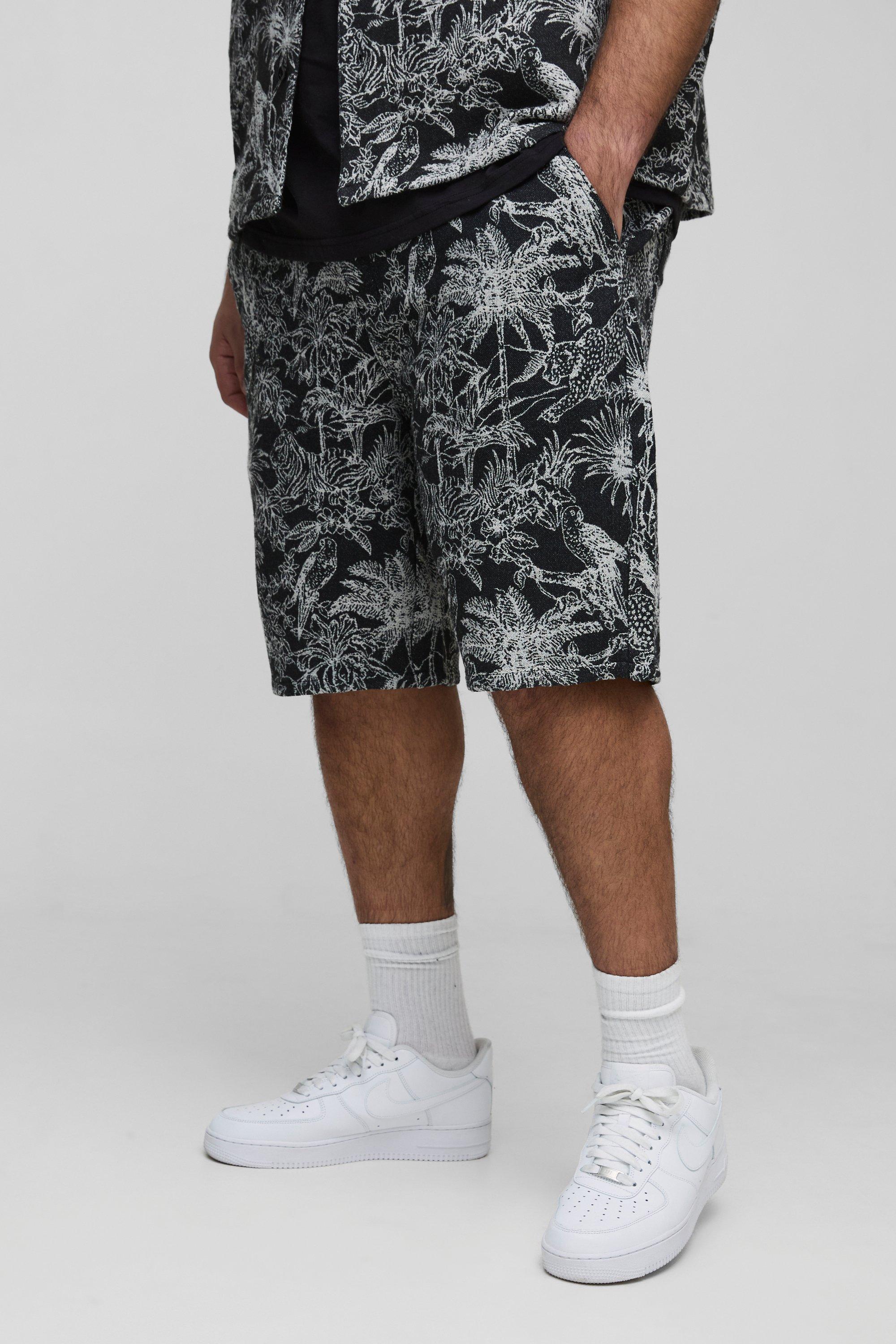 Pantaloncini Rilassati Plus Size In Fantasia Tropicale Stile Arazzo, Nero