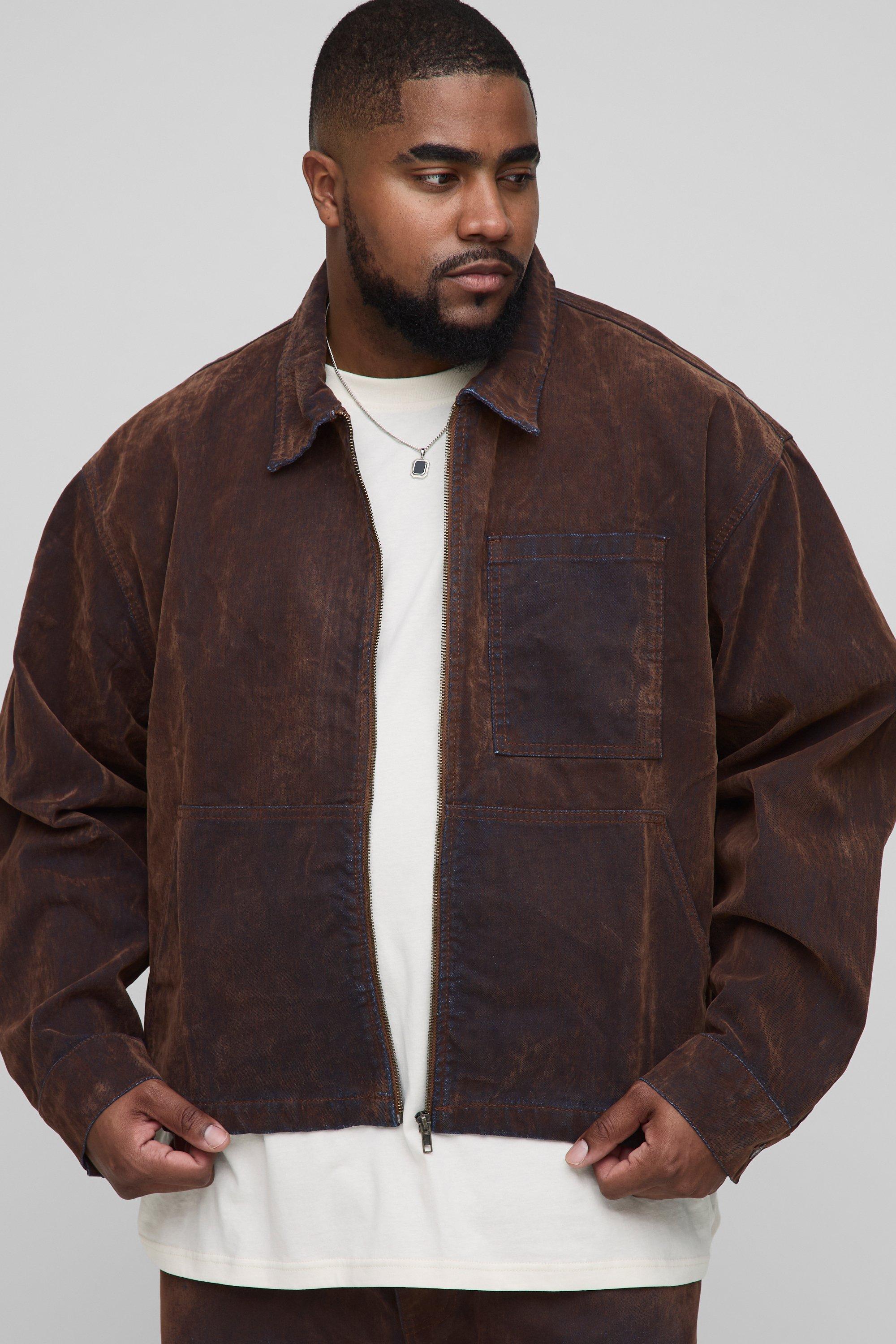 Mens Grey Plus Flocked Denim Boxy Harrington Jacket, Grey