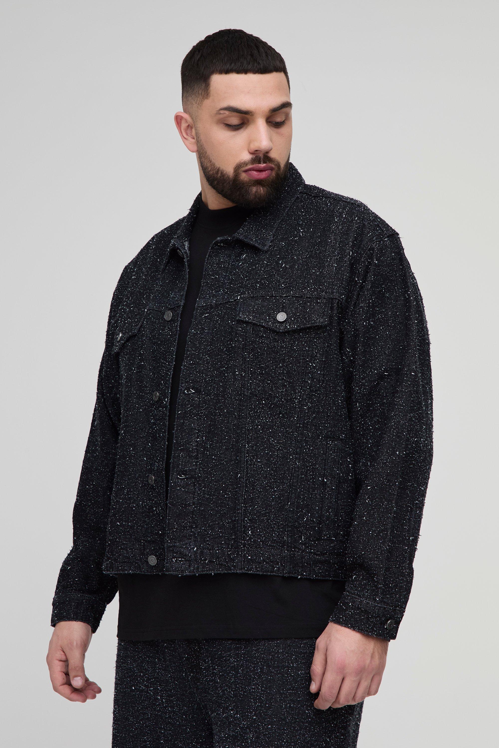 Mens Black Plus Textured Denim Boxy Oversized Jacket, Black