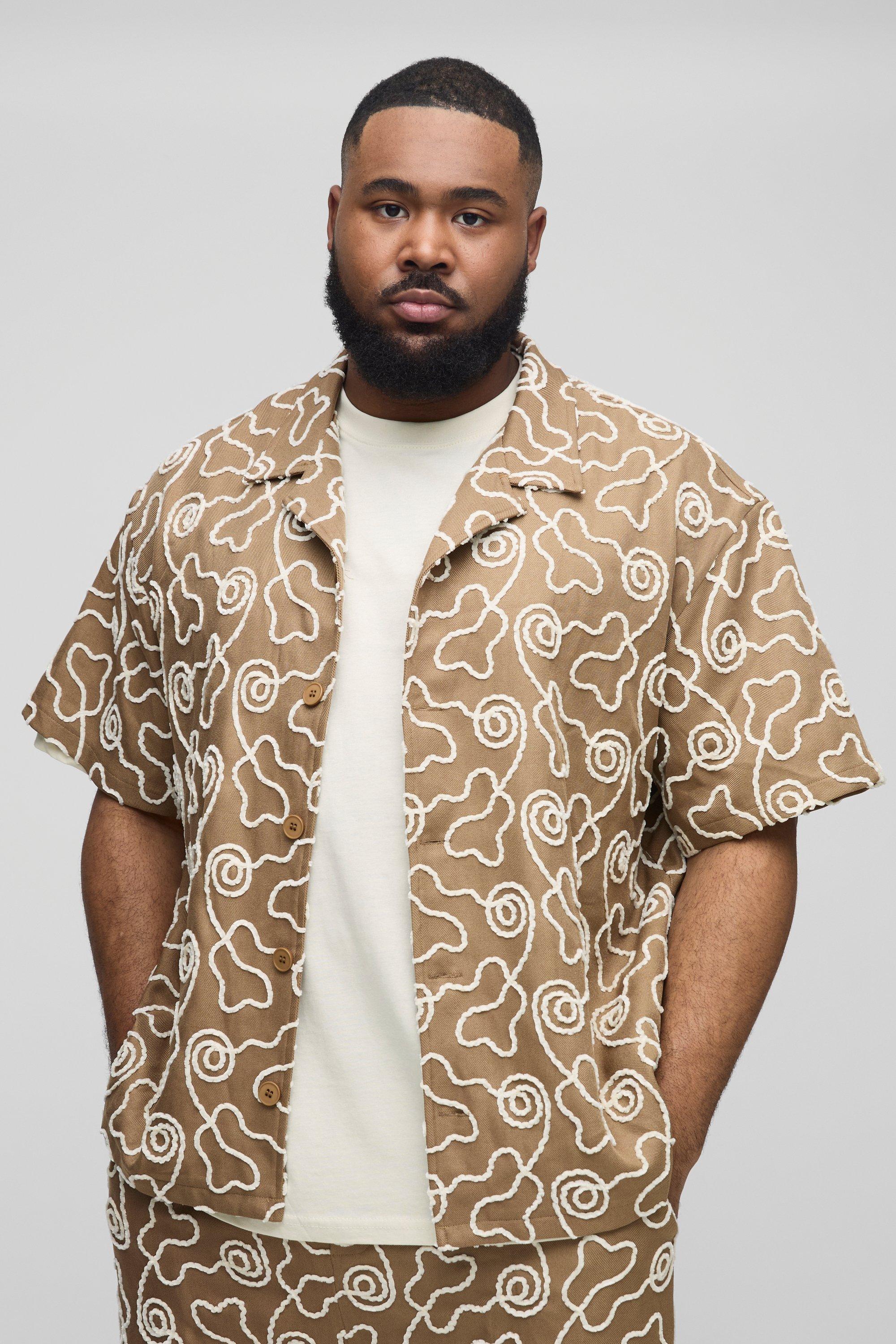 Mens Brown Plus All Over Embroidery Oversized Shirt, Brown