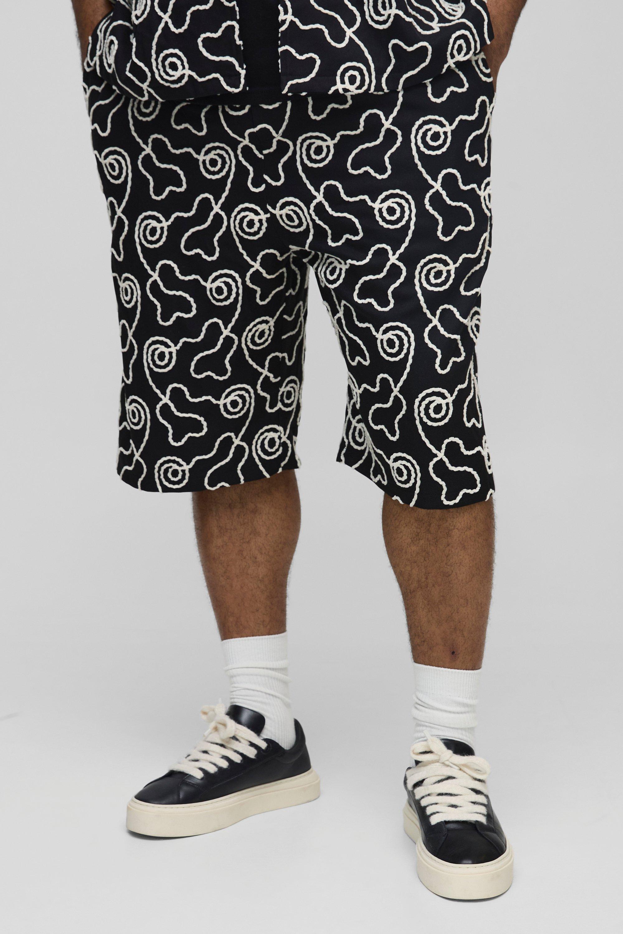 Mens Black Plus All Over Embroidery Relaxed Fit Shorts, Black