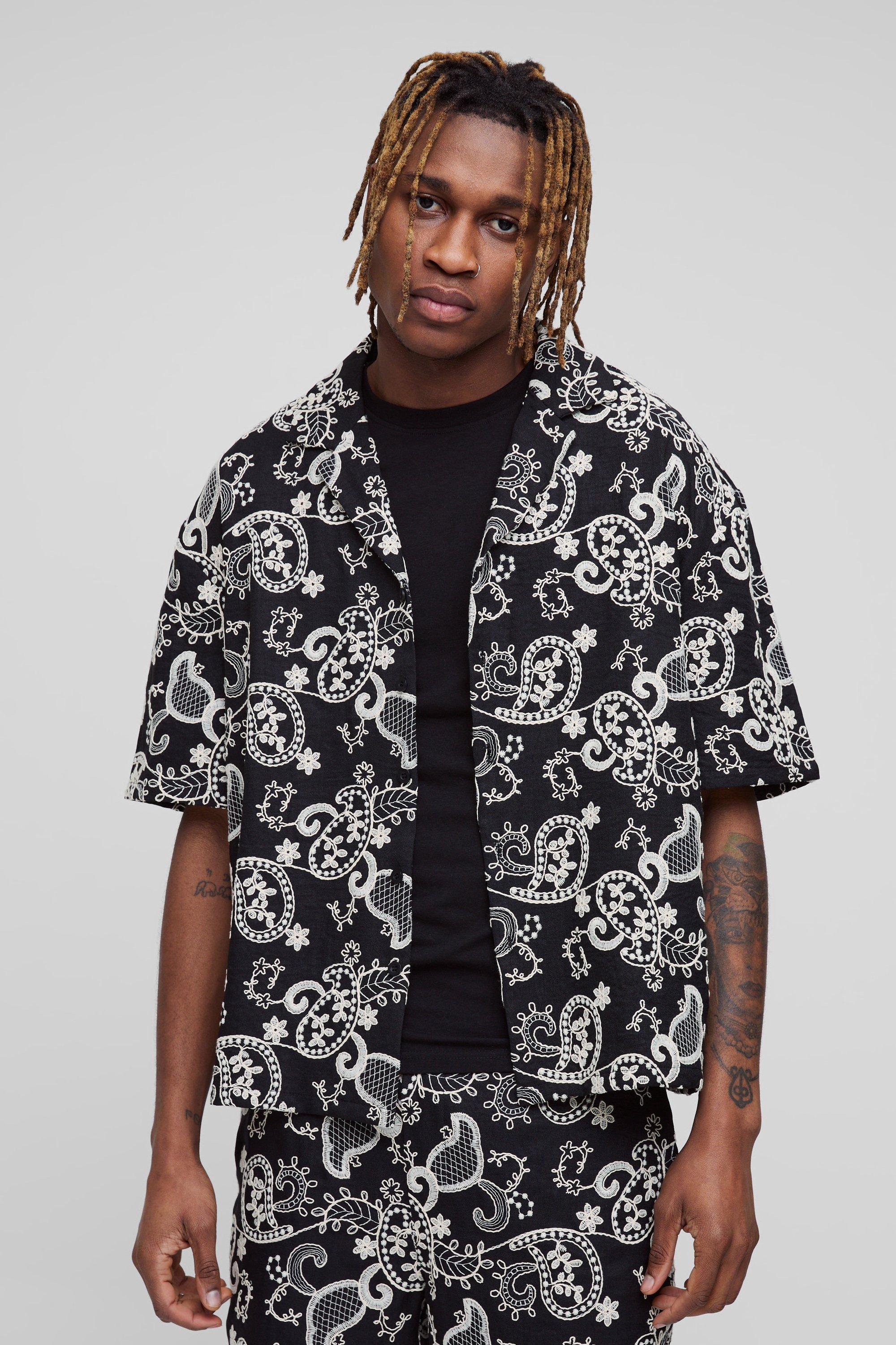 Camicia Tall Oversize In Fantasia Cachemire Con Ricami, Nero