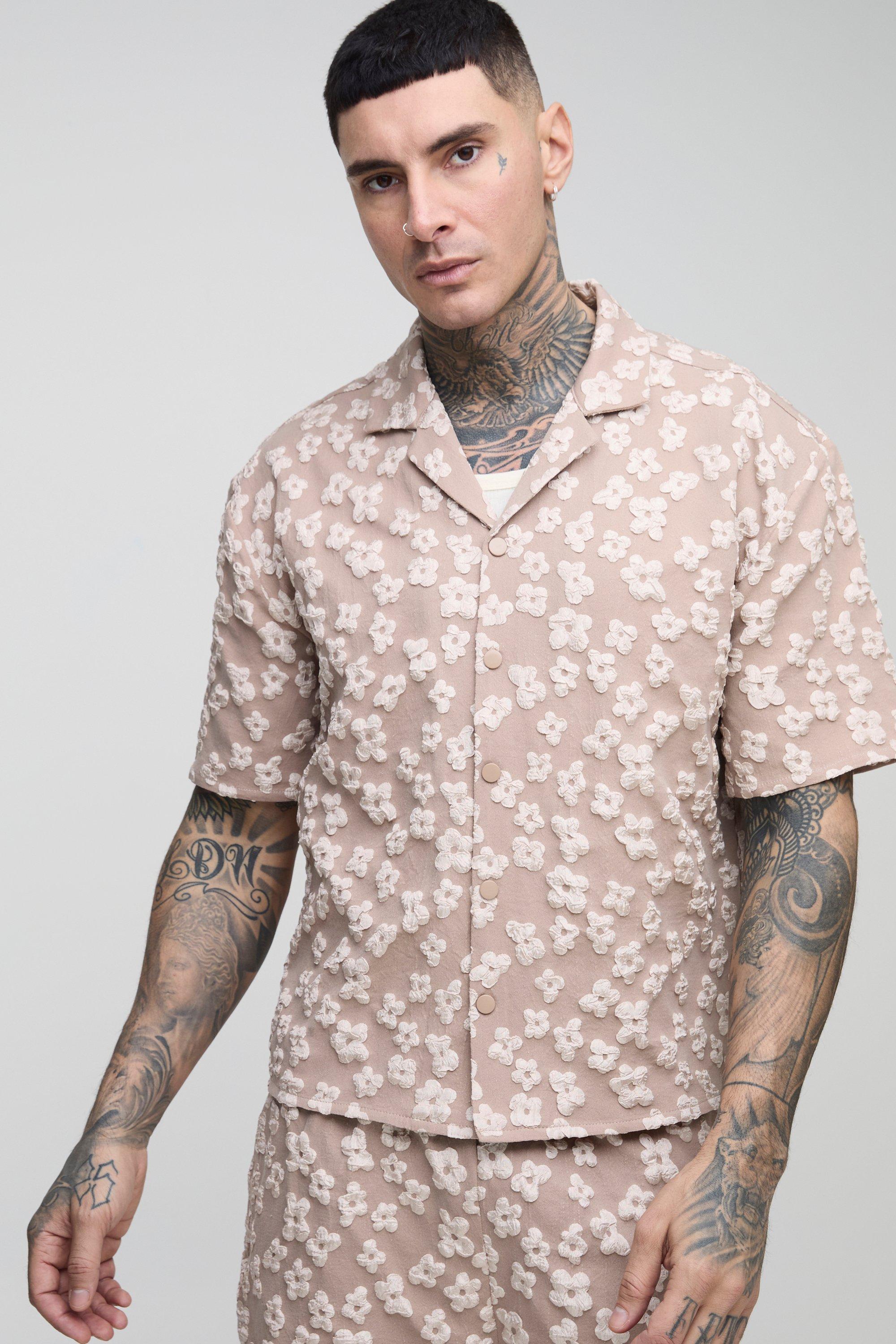 Mens Grey Tall Floral Jacquard Boxy Revere Shirt, Grey