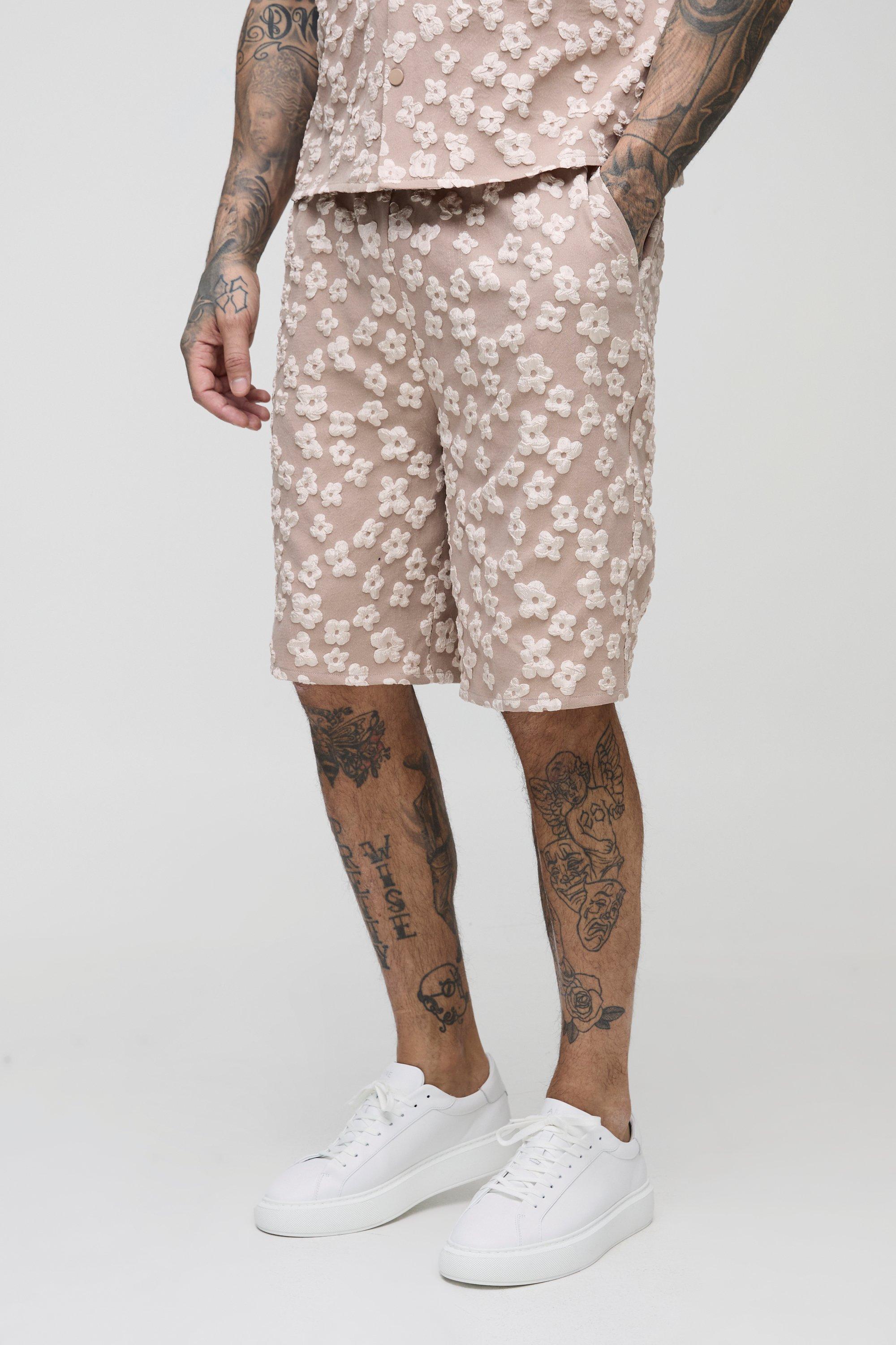 Mens Grey Tall Floral Relaxed Fit Jacquard Shorts, Grey