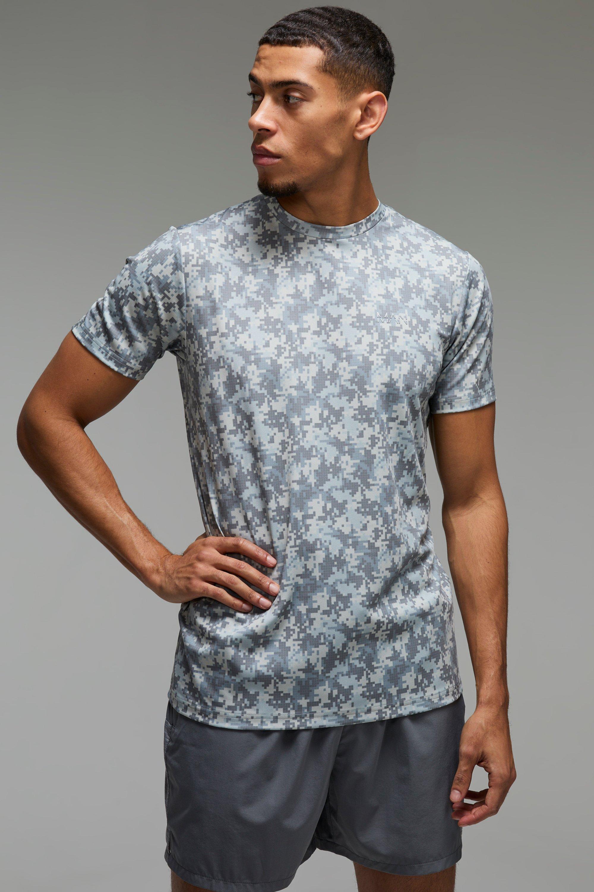 T-shirt Man Active per alta performance in fantasia militare con motivi geometrici, Grigio