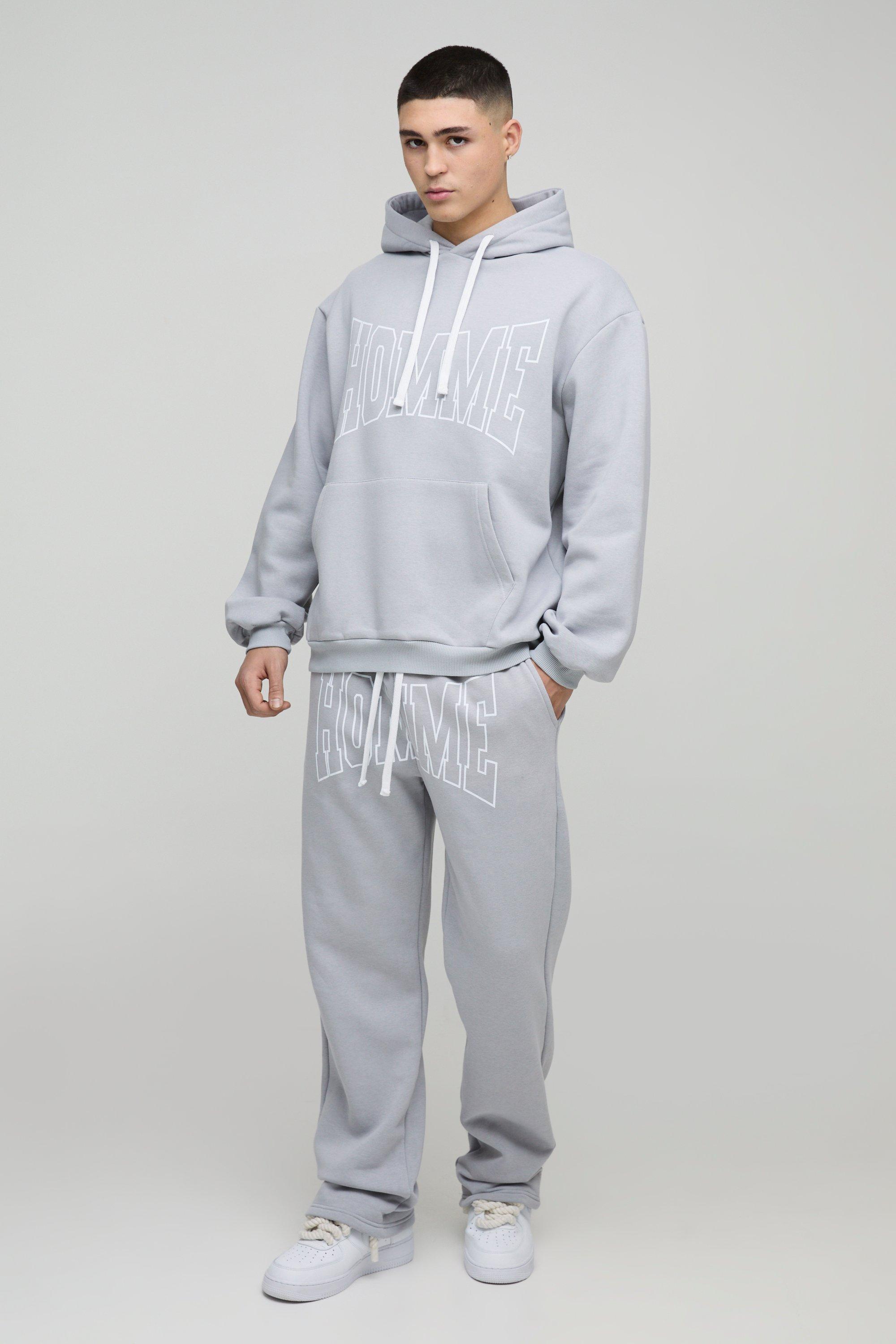 Mens Grey Oversized Fit Homme Print Tracksuit, Grey