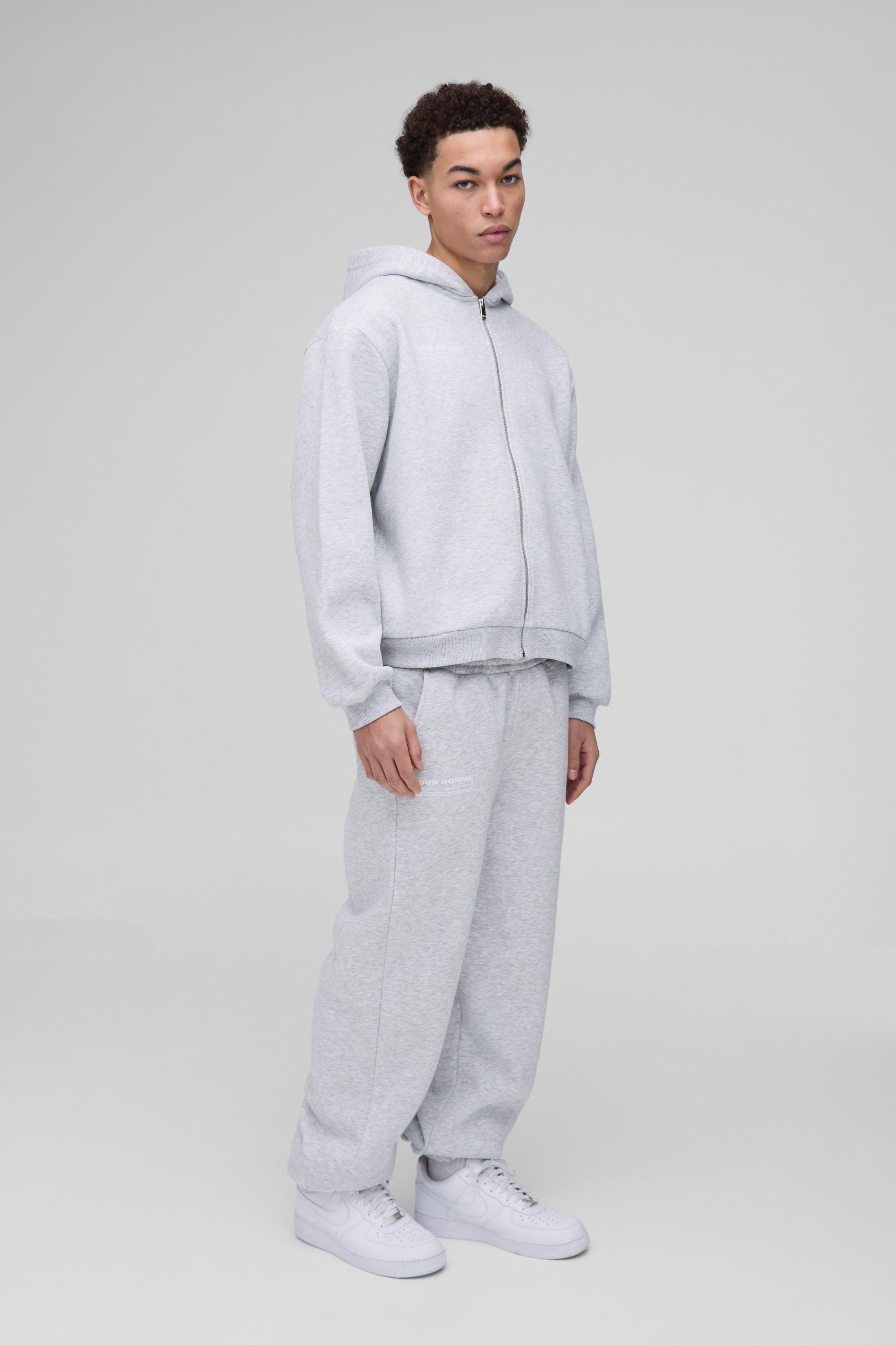 Tuta sportiva squadrata oversize con stampa Homme, zip e cappuccio, Grigio