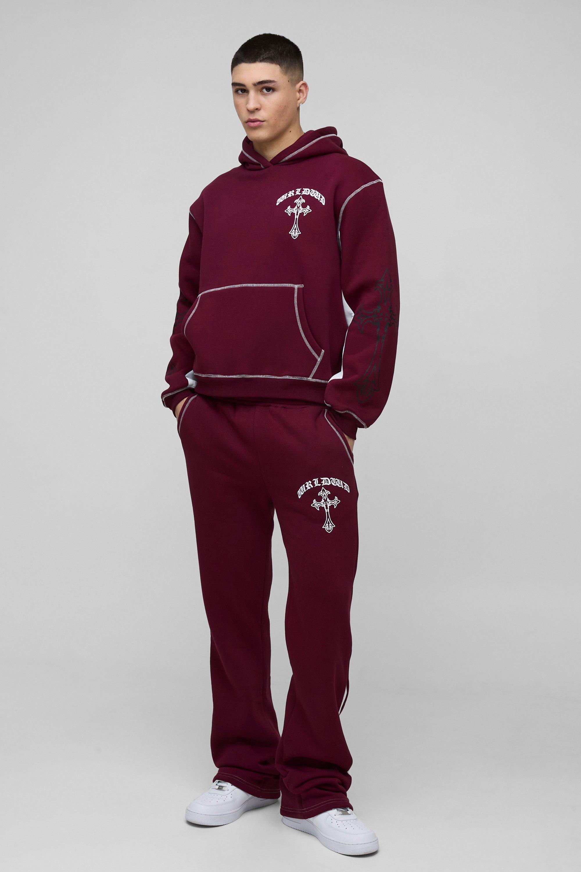 Tuta sportiva squadrata oversize con stampa a croce, inserti e cappuccio con pieghe sul fondo, Rosso