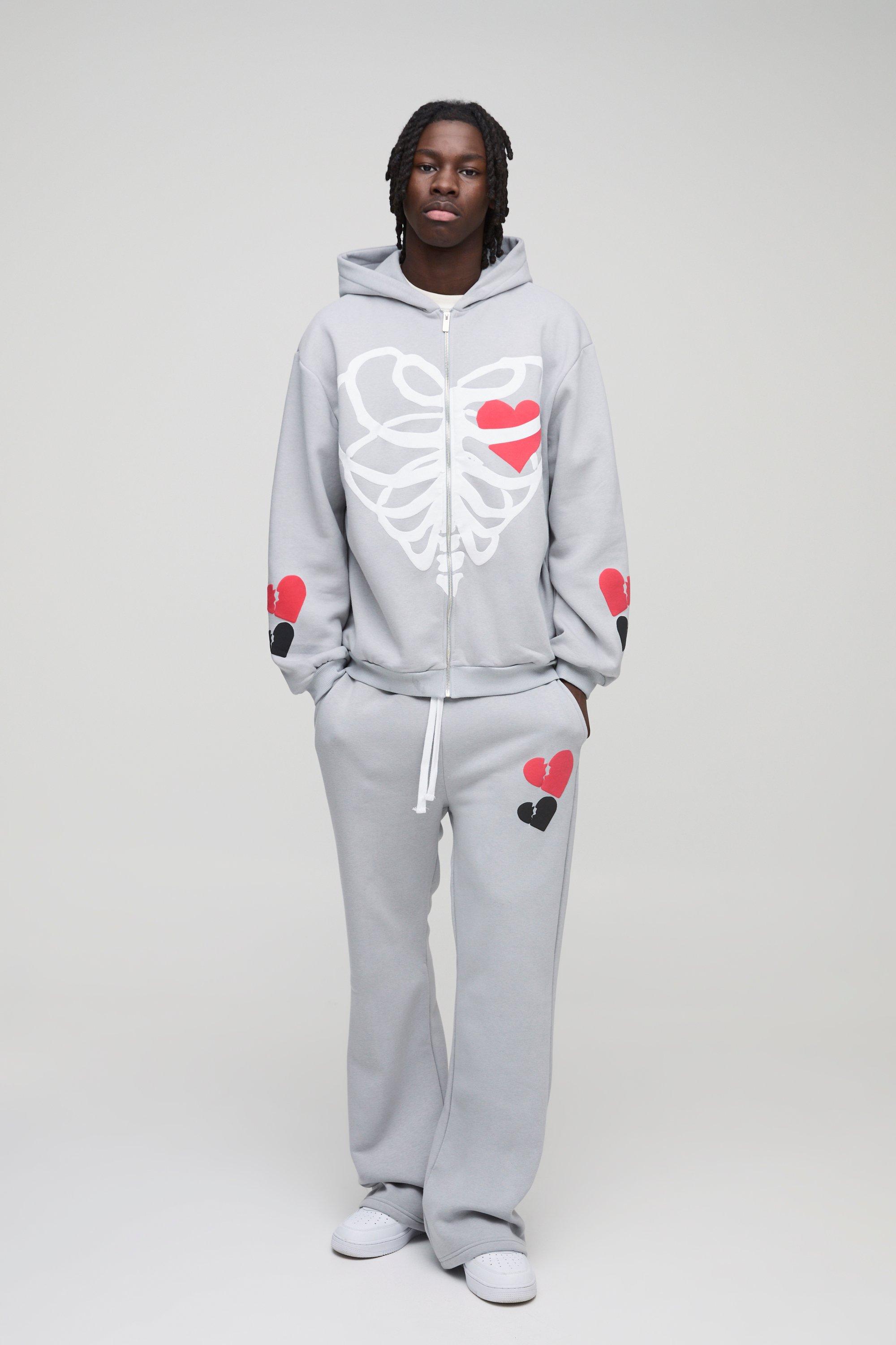 Tuta sportiva oversize con stampa di scheletro a cuori, caratteri arrotondati e zip, Grigio