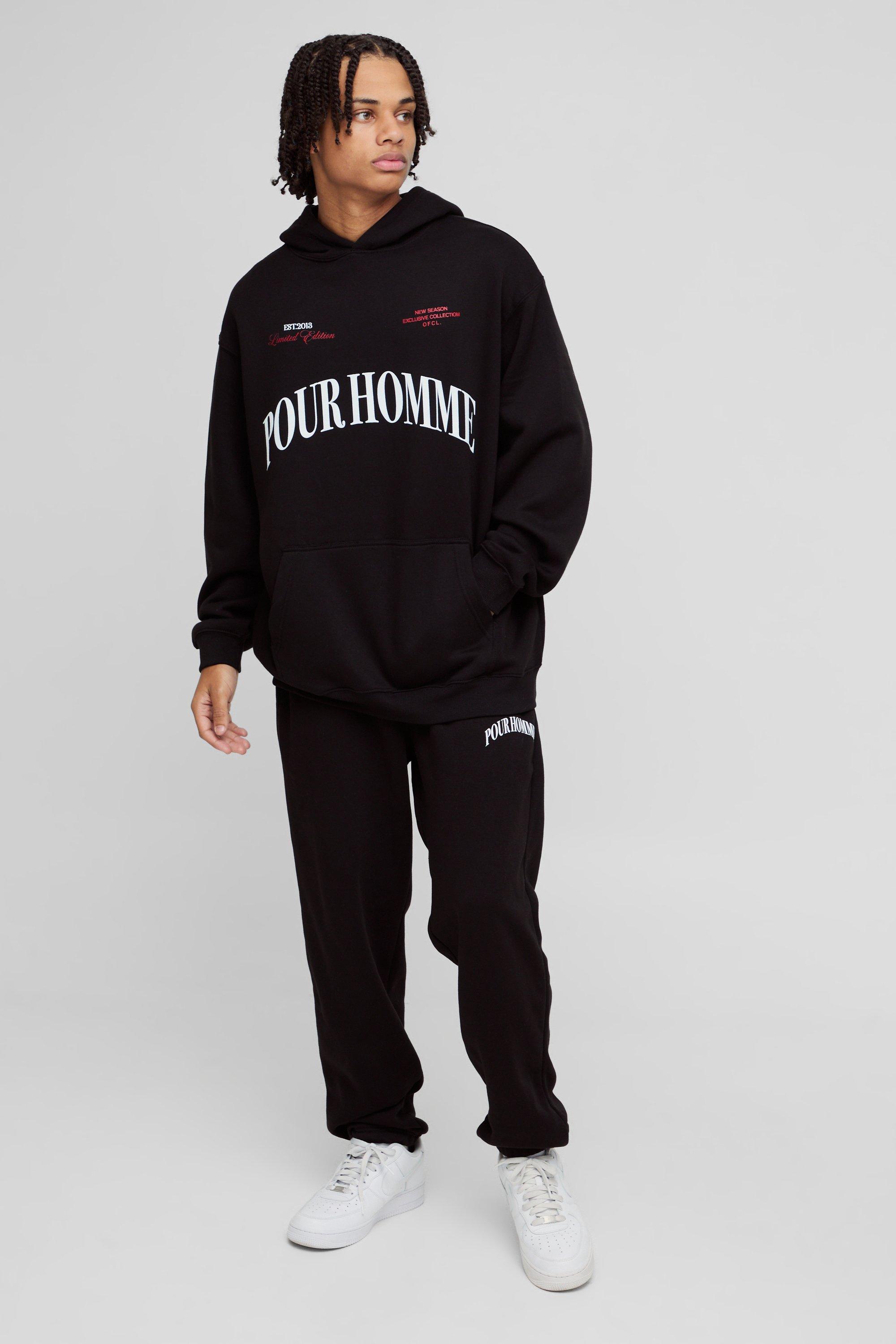 Tuta sportiva oversize con stampa Homme e cappuccio, Nero