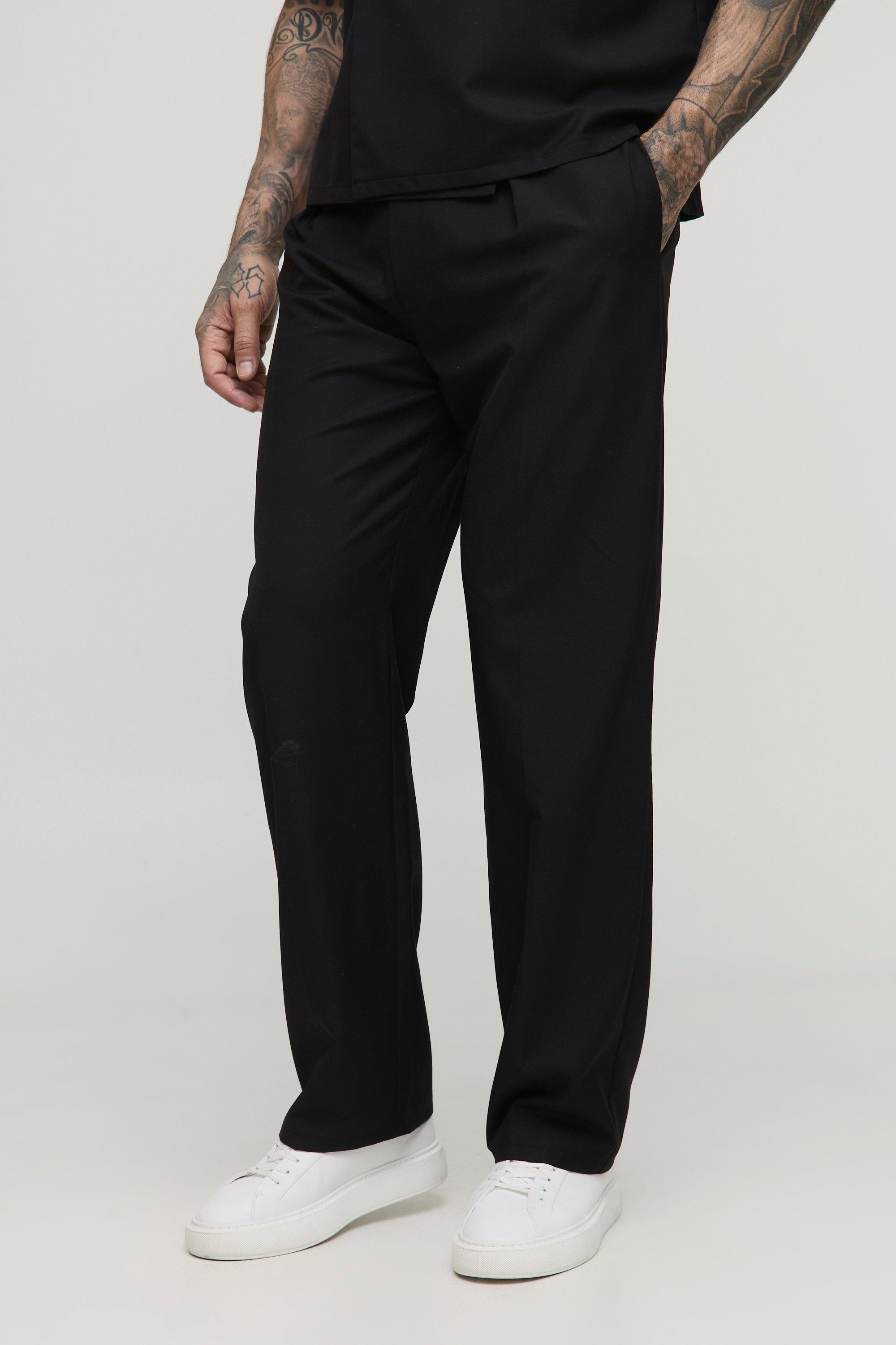 Mens Black Tall Relaxed Fit Tailored Belted Pleat Trousers, Black