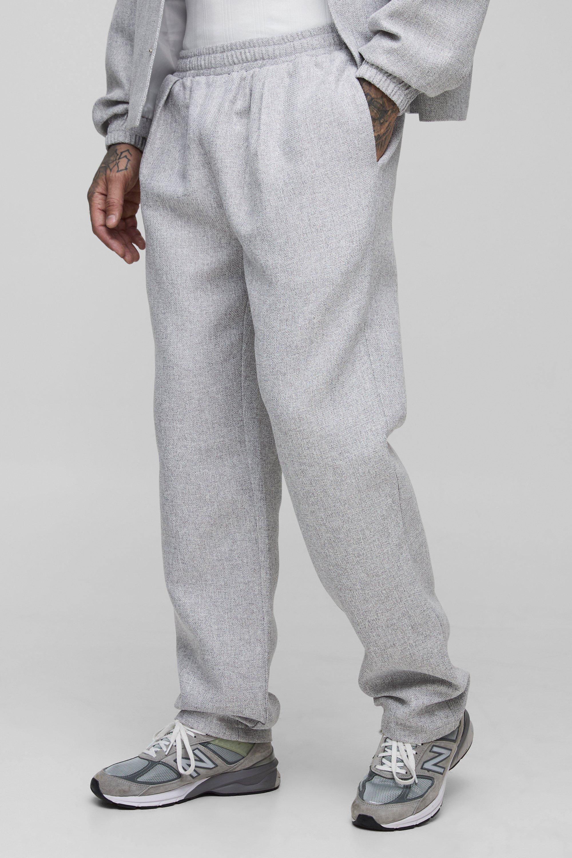 Mens Grey Tall Straight Leg Boucle Elasticated Waist Trousers, Grey