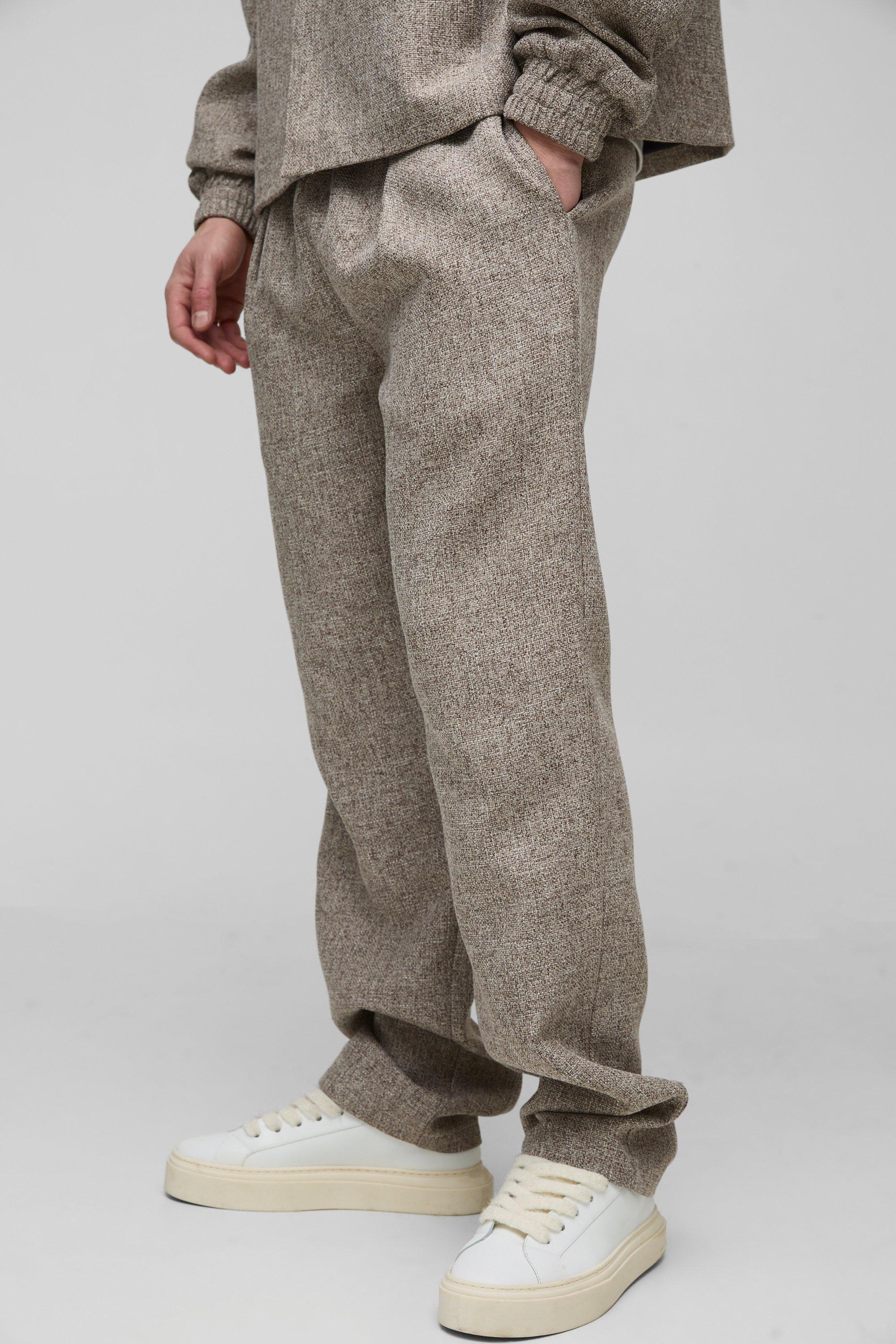 Mens Beige Tall Straight Leg Boucle Elasticated Waist Trousers, Beige