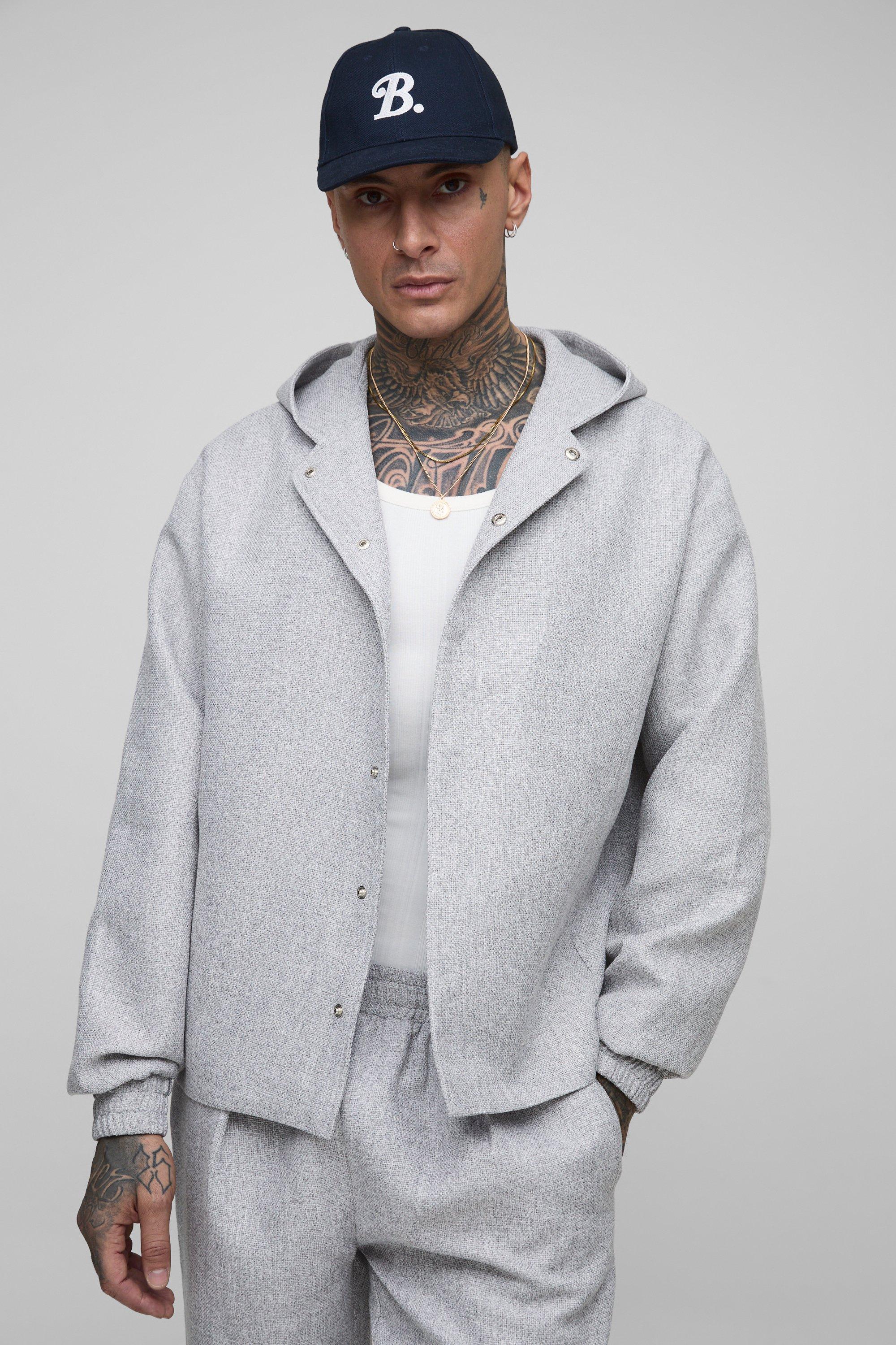 Mens Grey Tall Oversized Boucle Hooded Button Up Overshirt, Grey