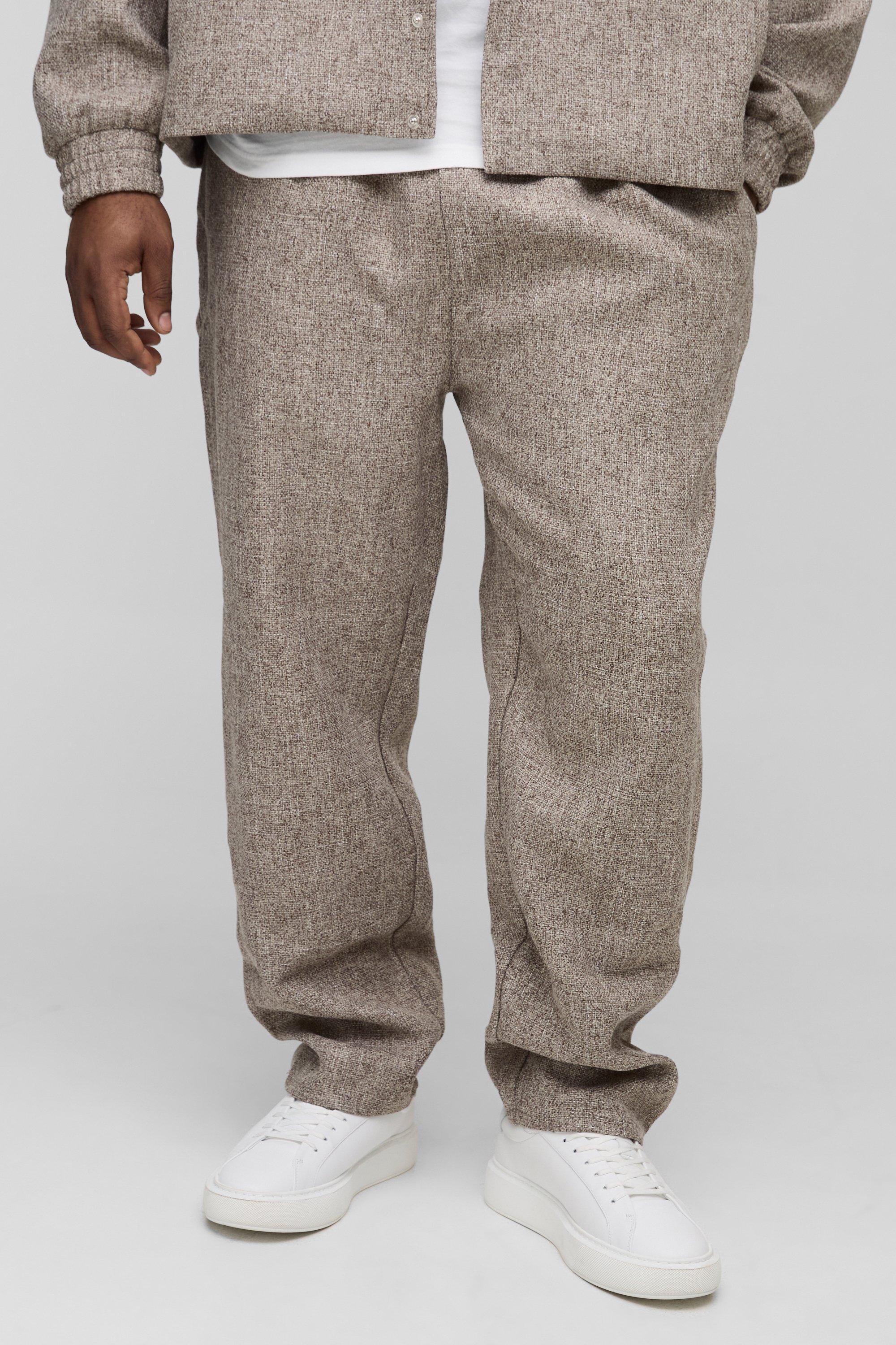 Mens Beige Plus Straight Leg Boucle Elasticated Waist Trousers, Beige